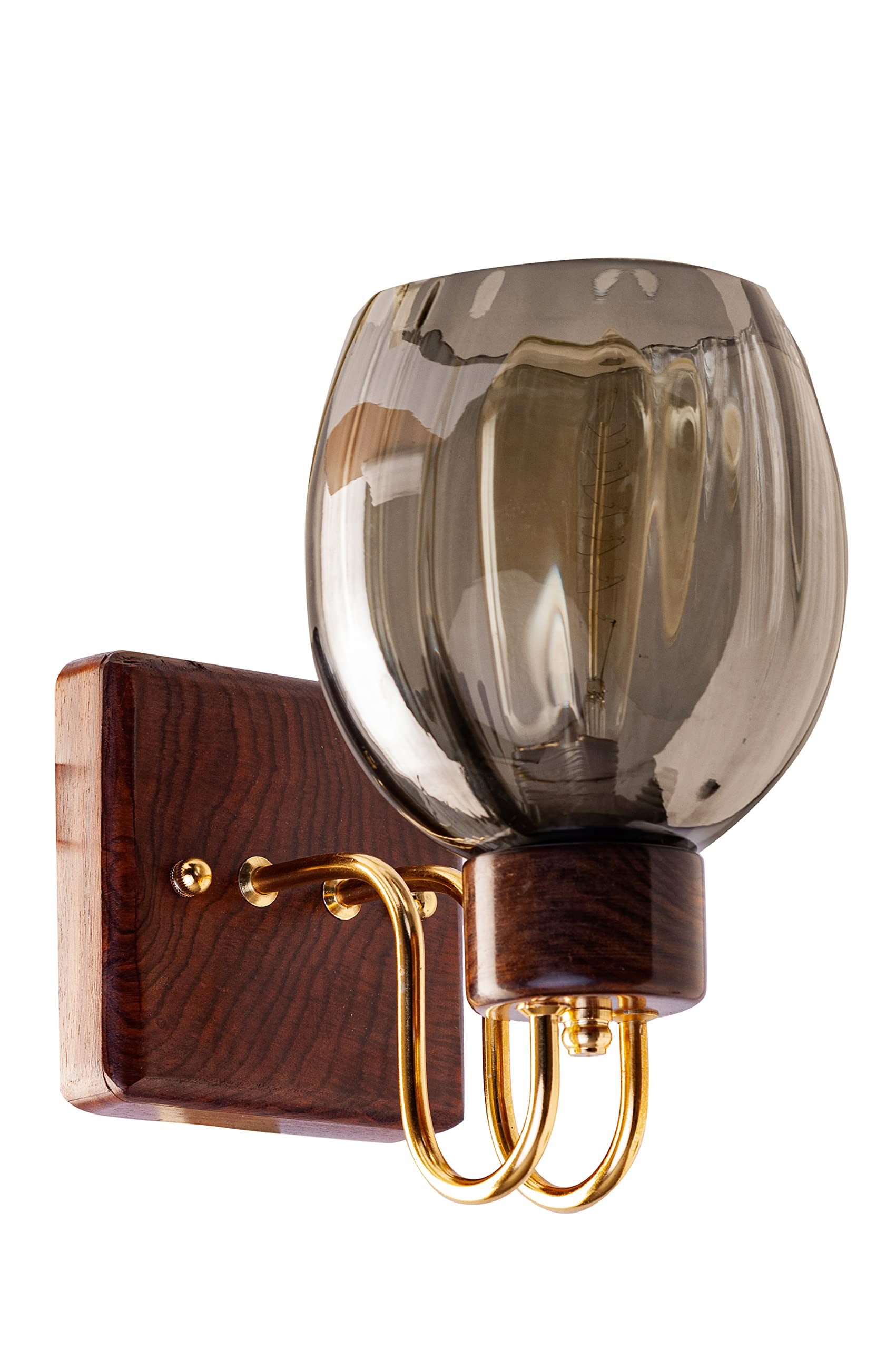 Green House Handmade Sheesham Wood Wall Light/Lamp with Gold Plated Metal Bands, Brass Rivets, Black Smoke Glass, E27 Bulb Base(Bulb not Included) for Home/Bedroom/Living Room/Hallway