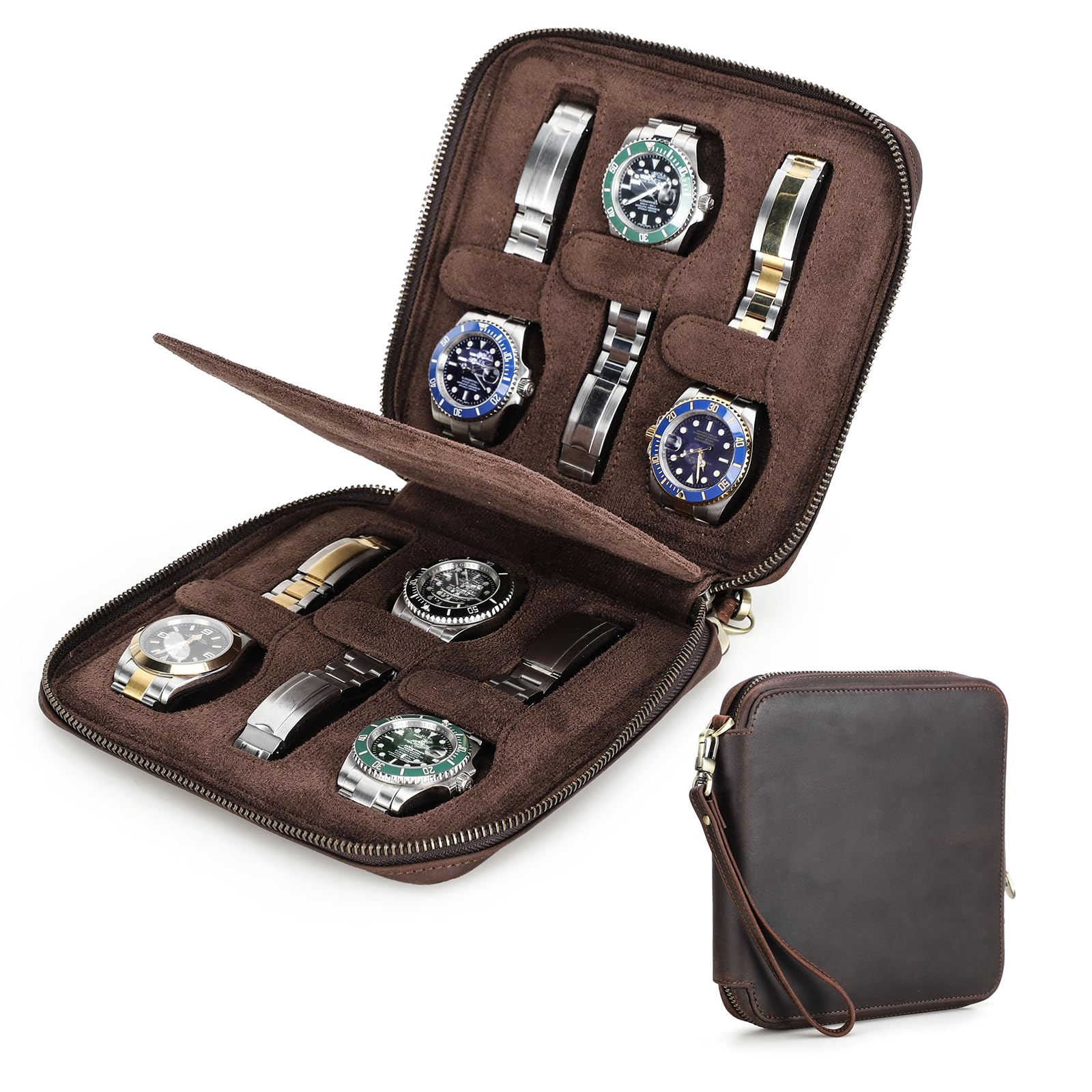 Contacts Custodia per orologi da uomo in vera pelle con cerniera, scatola sottile, minimalista, vintage, con cinghie di fissaggio (caffè-6 slot)