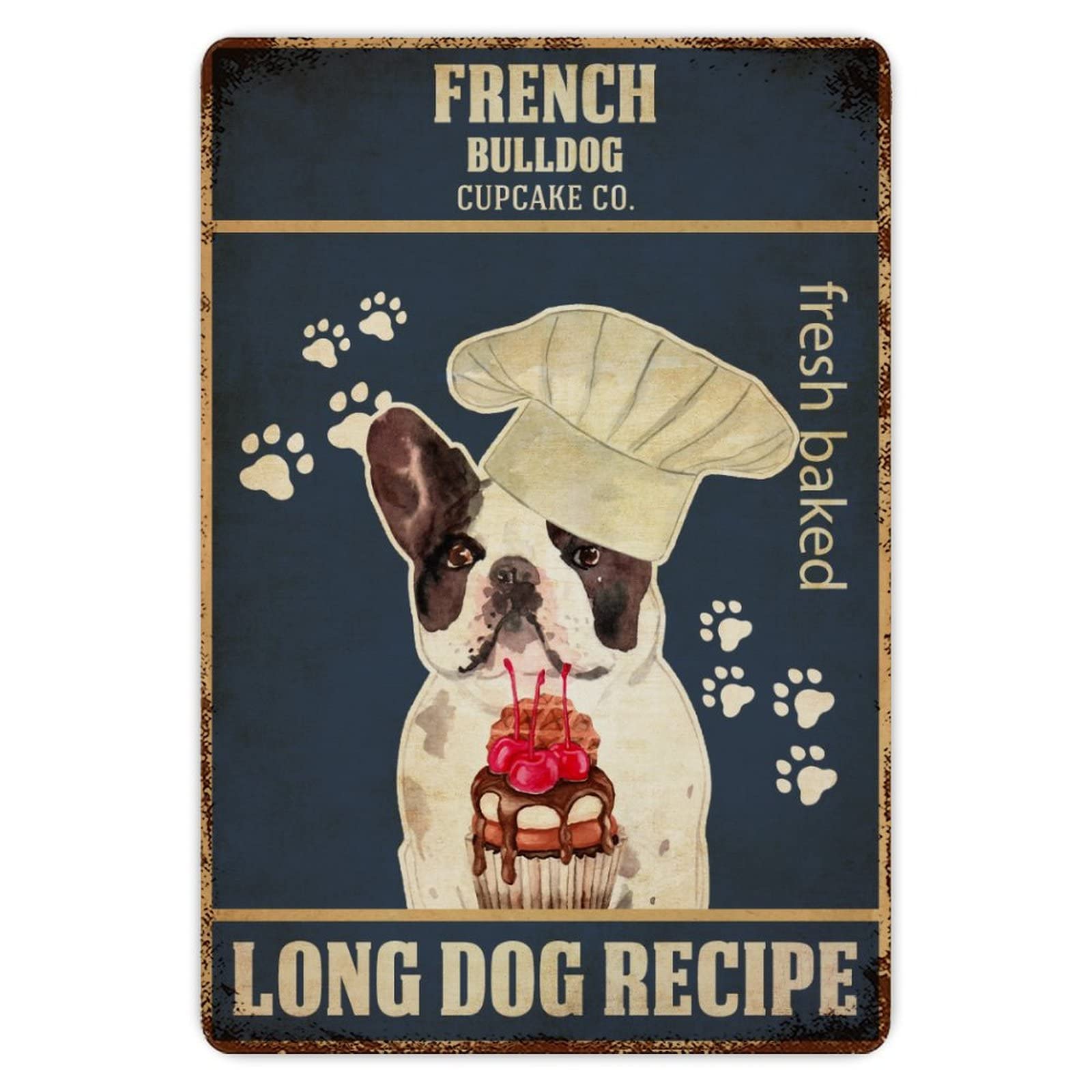 ENEDNATE FRENCH BULLDOG Baker Cupcake Co Long Dog Recipe Vintage Metal Tin Sign 8x12 inch Aluminum Sign for Kitchen Bars Restaurants Cafes Pubs Wall Decor