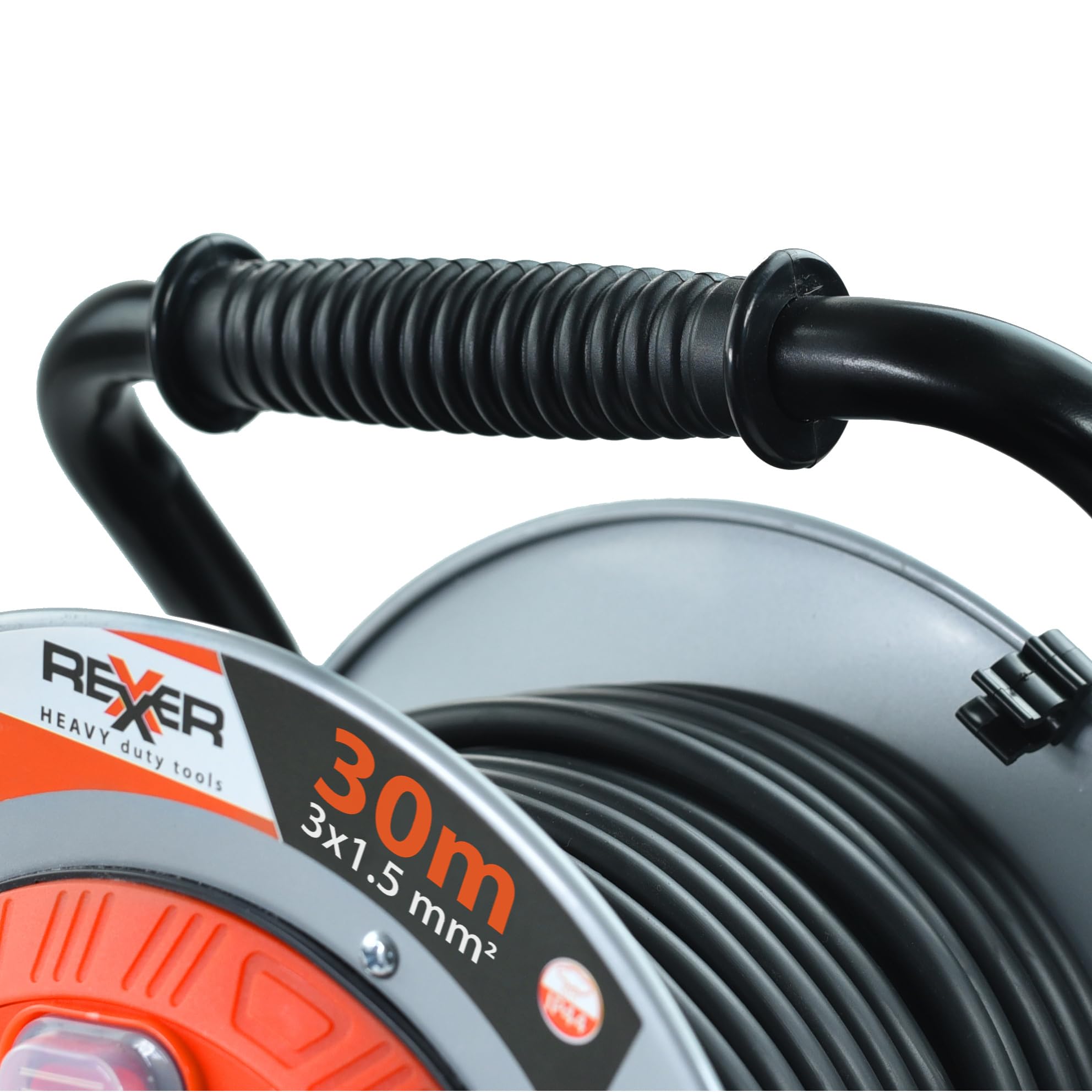 Rexxer Kabeltrommel 30m Metall IP44 für Außenbereich 4 Steckdosen Typ E Verlängerungskabel 3x1,5 mm² mit Erdung Baustelle Garten