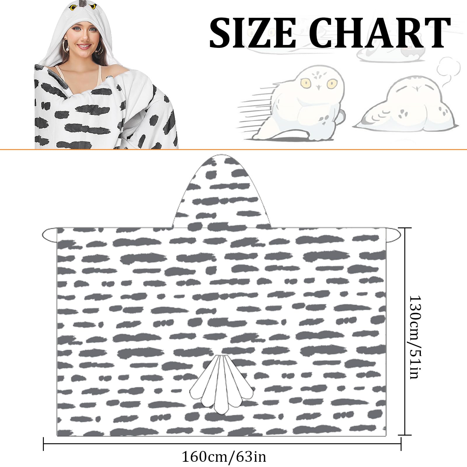pewjury Coperta con maniche e cappuccio, con gufo di neve, con guanti, motivo animale, morbida coperta in flanella, per donne, bianco, 130x160cm