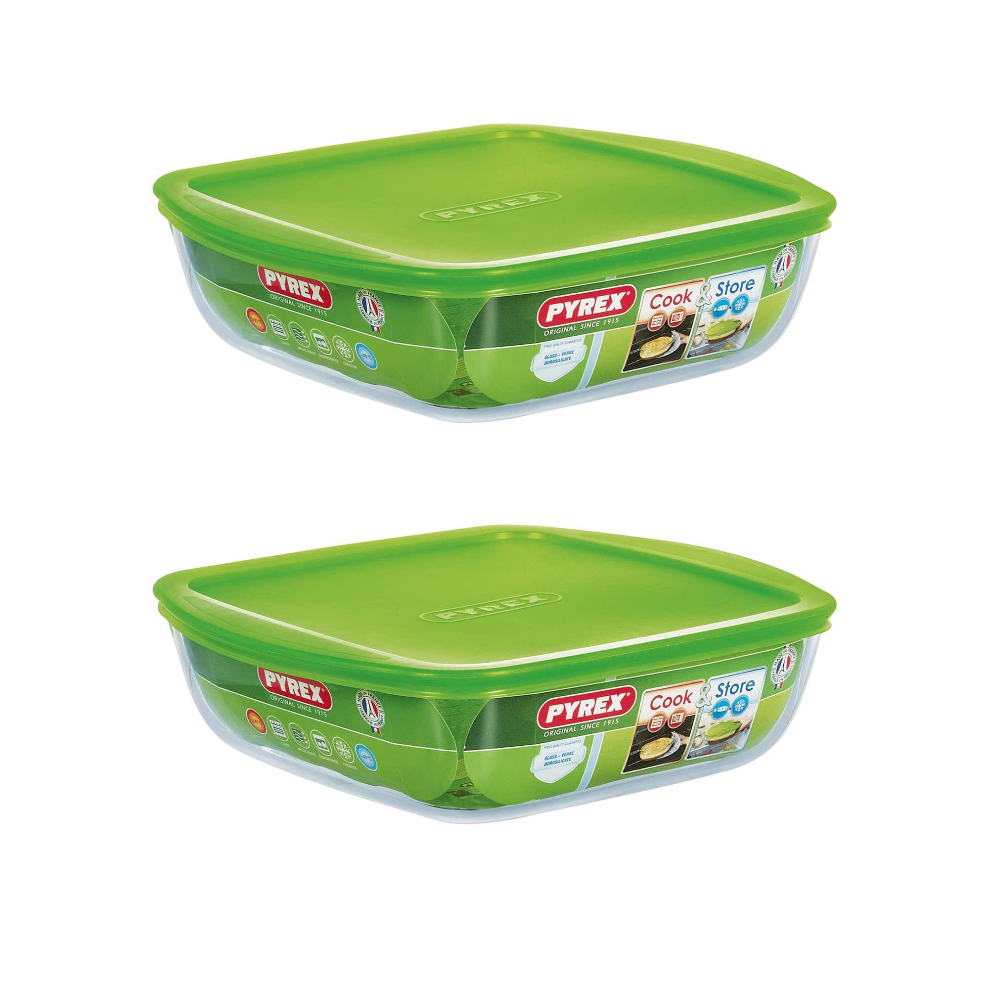 Microwave Safe Classic Sqaure Glass Dish with Vented Lid 2.2 Litre Green (Pack of 2)