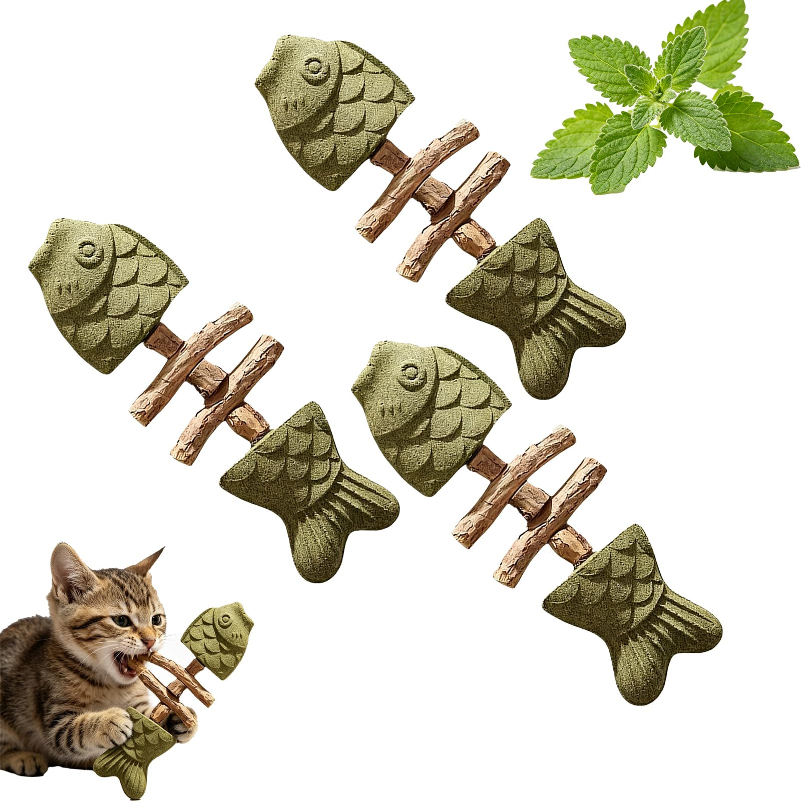 Fish Bone Shaped Cat Dental Chew Stick, Natural Silvervine & Catnip Kitten Teething Toy, Bionic Textured Wooden Feline Tooth Cleaning Toy for Kittens and Adult Cats (Catnip Flavour-3pcs)
