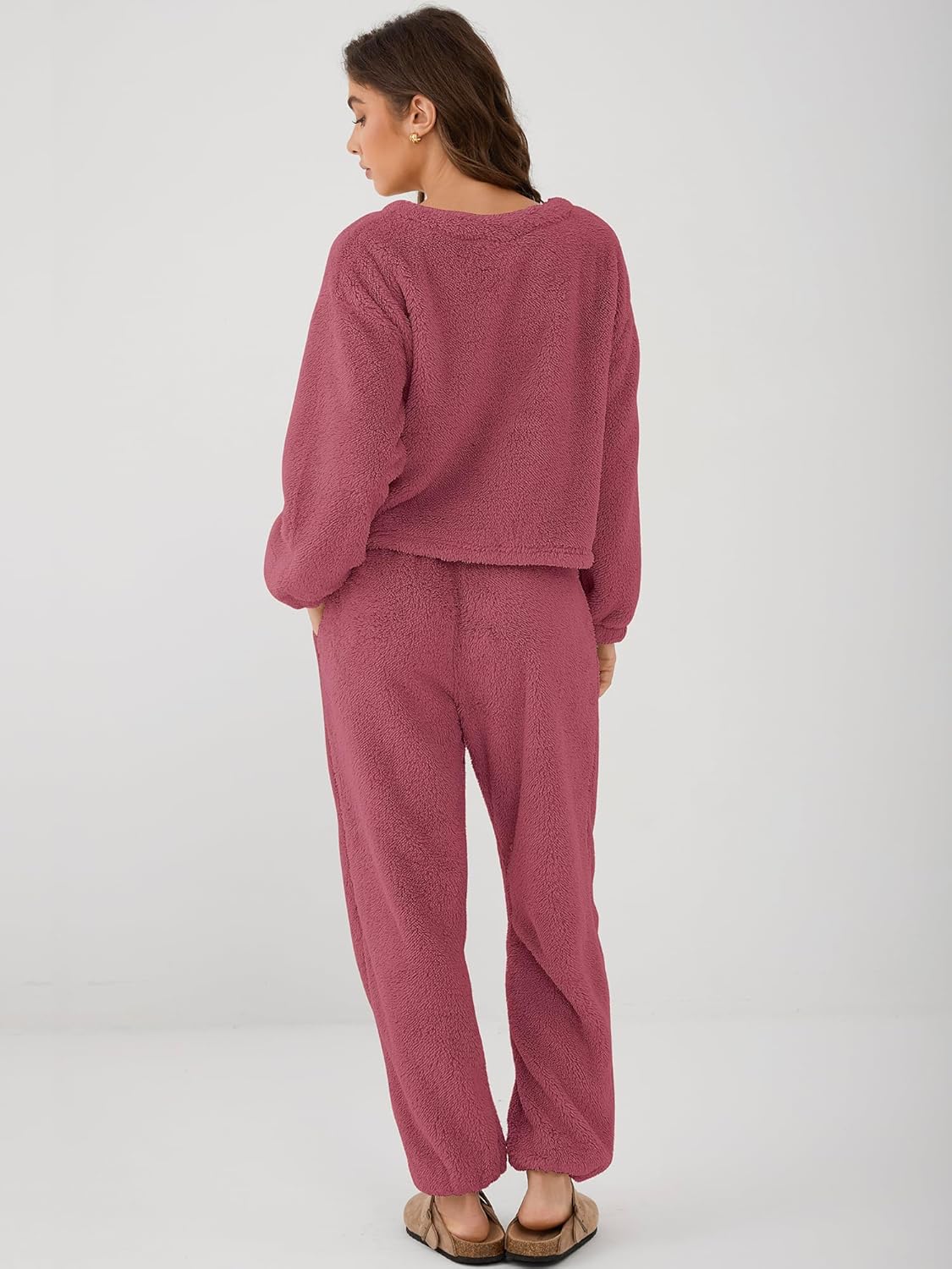 ZAFUL Women's Fuzzy Lounge Casual Pajamas Sets Long Sleeve Fleece Pullover and Pants Set 2 Piece Fluffy Loungewear Sleepwear - Image 5