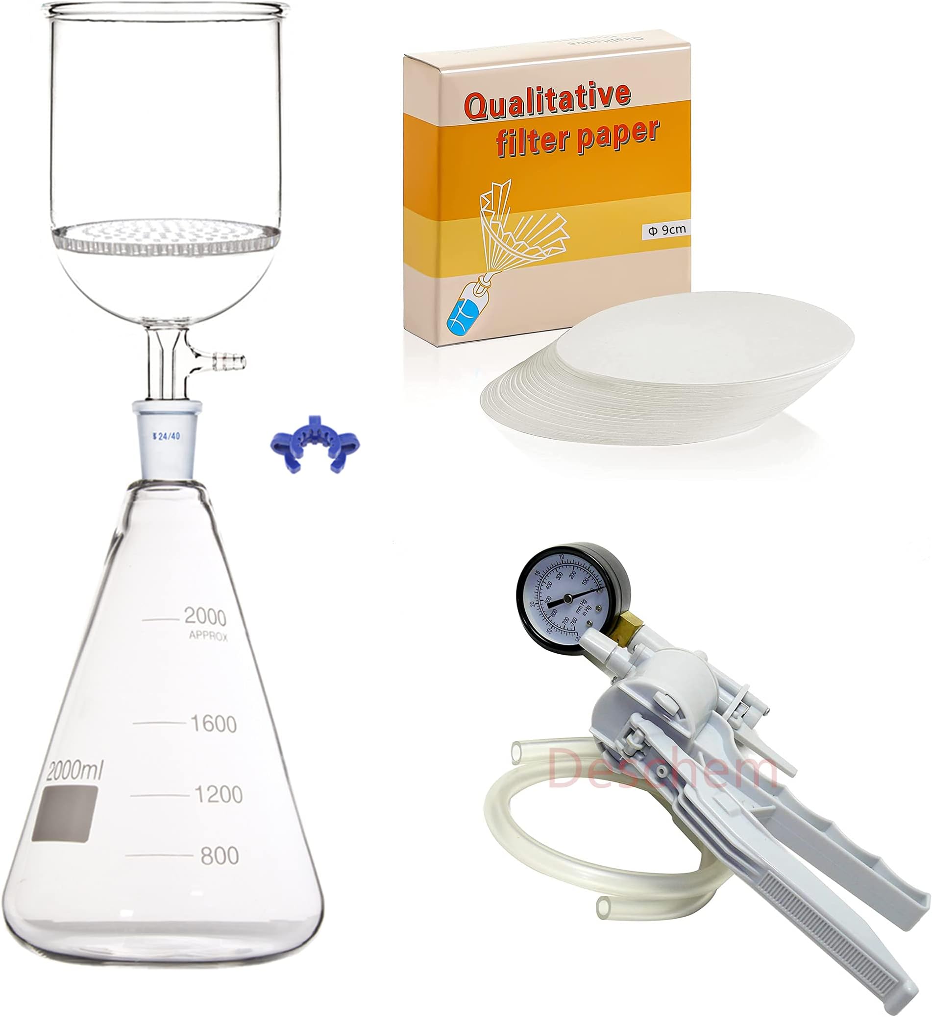 Deschem 2000ml,Suction Filtration Unit,90mm Buchner Funnel,2 Litre Flask & Vacuum Pump Kit