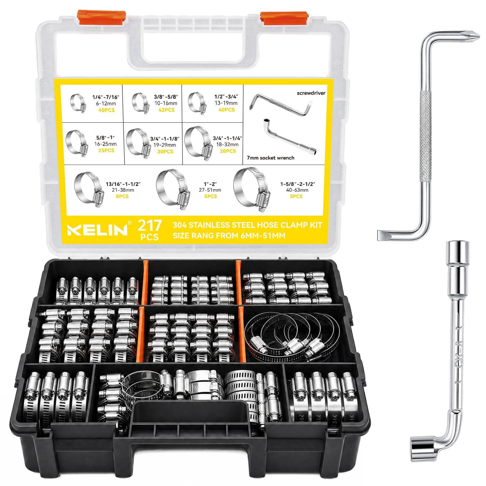 Colliers de serrage réglables assortiment 9 tailles de 6 à 63 mm KELIN en inox 304