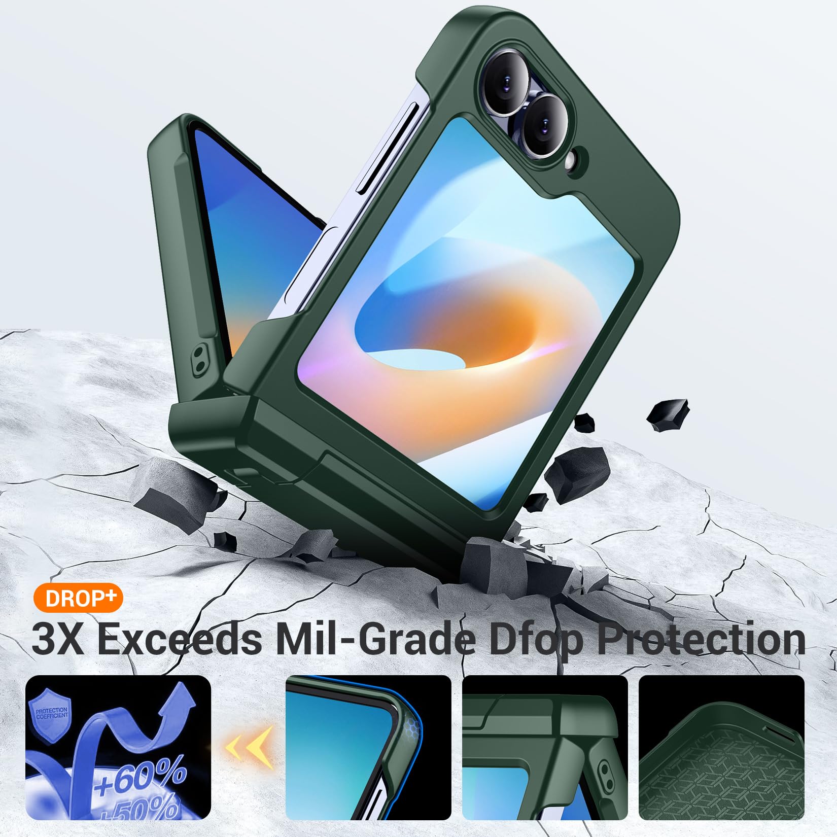 Temdan for Samsung Galaxy Z Flip 6 Case with [Built-in Front Screen Protector] [Kickstand][Hinge Protection][Hard PC] Ultra-Thin Shockproof Protective Phone Case for Galaxy Z Flip 6 -Green