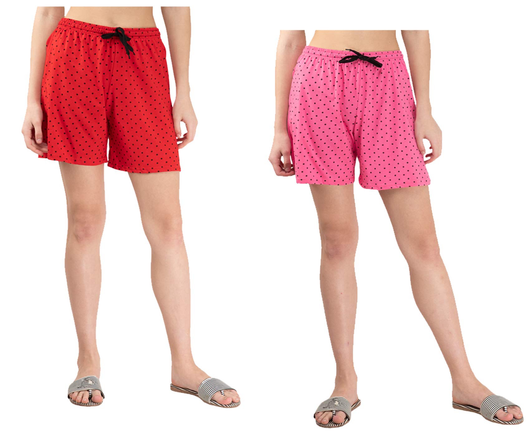 kayu Pack of 2 Women’s Polka Dot Printed Shorts with Drawstring Waist – Comfortable Casual Lounge Wear, Breathable Fabric, Stylish Summer Sleepwear Shorts for Women Pink, Red-picture-49