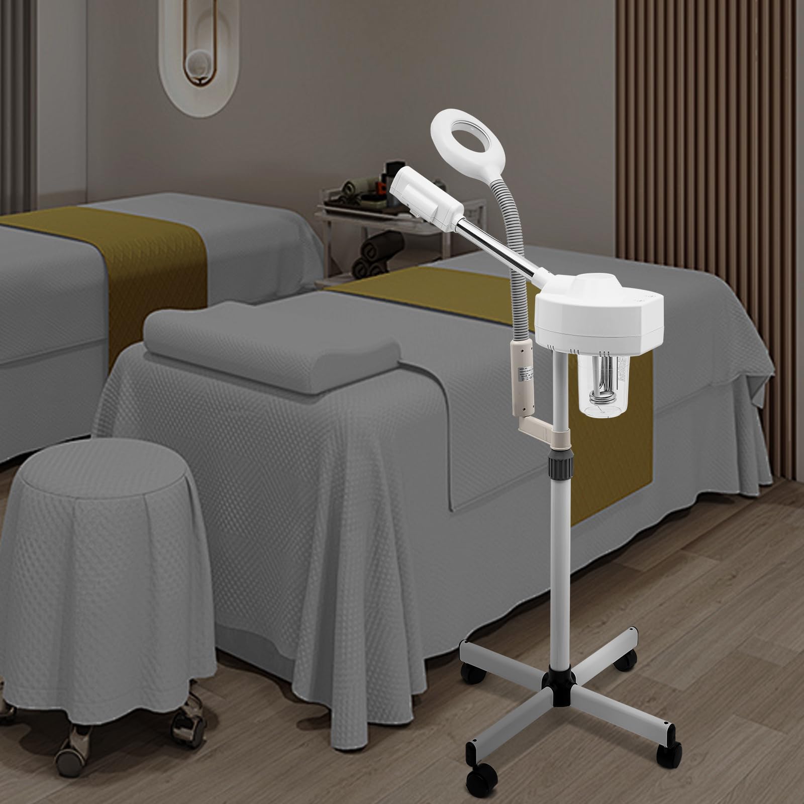 Gesichtsdampfer, 2 in 1 Bedampfer Kosmetik mit Räder, 800W Porenreiniger Gesichtssauna mit 5 Fache LED Lupenleuchte, Multifunktions Dampf Gesicht Gerät für Haushalte, Schönheitssalons, Spas