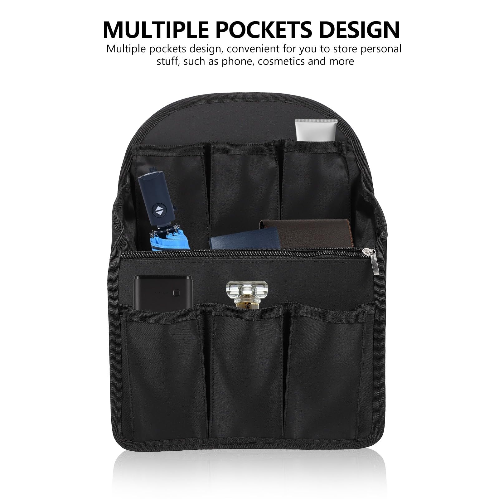 Inserto Organizador de Mochila Negro Grande de Nailon Resistente, Bolsa Interior Multifunción Múltiples Compartimentos y Bolsillos Cremallera para Viaje y Trabajo