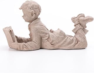 Lukitas Boy Reading Sculpture, Bookworm Statue Bookshelf Decor, Children Reader by Lying Figurine, Creative Desktop Ornament for Office Living Room, Mulan Sand L12.5''