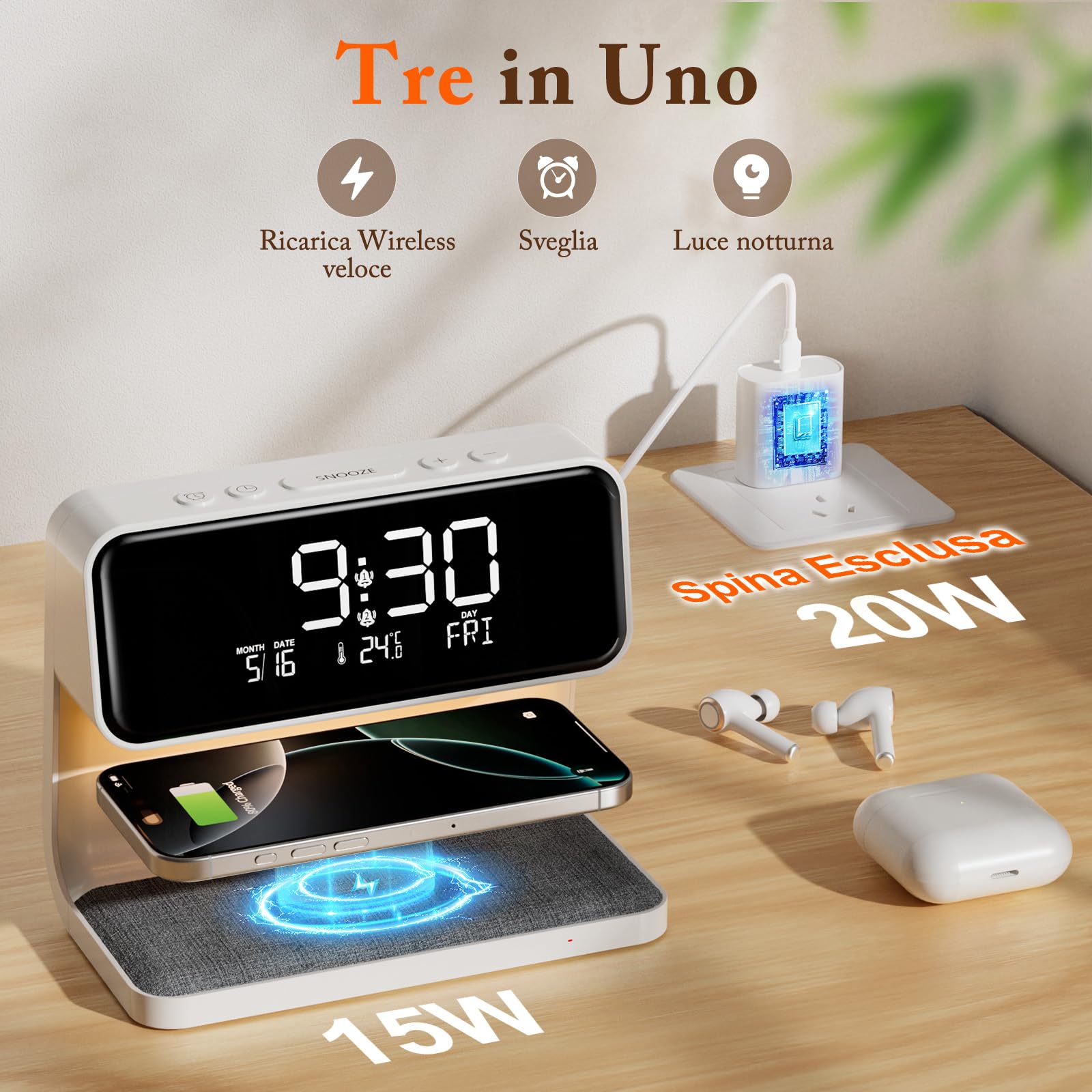 Sveglia Digitale, Sveglia da Comodino con Ricarica Wireless 15W, Display LED Temperatura/Data/2 Allarme/Snooze Regolabile/ 12/24Ore, Sveglia Luminosa con Touch Dimmerabile per Adulti e Bambini