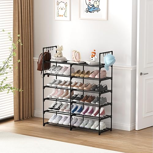 Miniatura 8 de Zapatero apilable de 2 filas y 6 niveles, estante de zapatos apilable de metal negro con ganchos multifuncionales, capacidad para 24-30 pares,