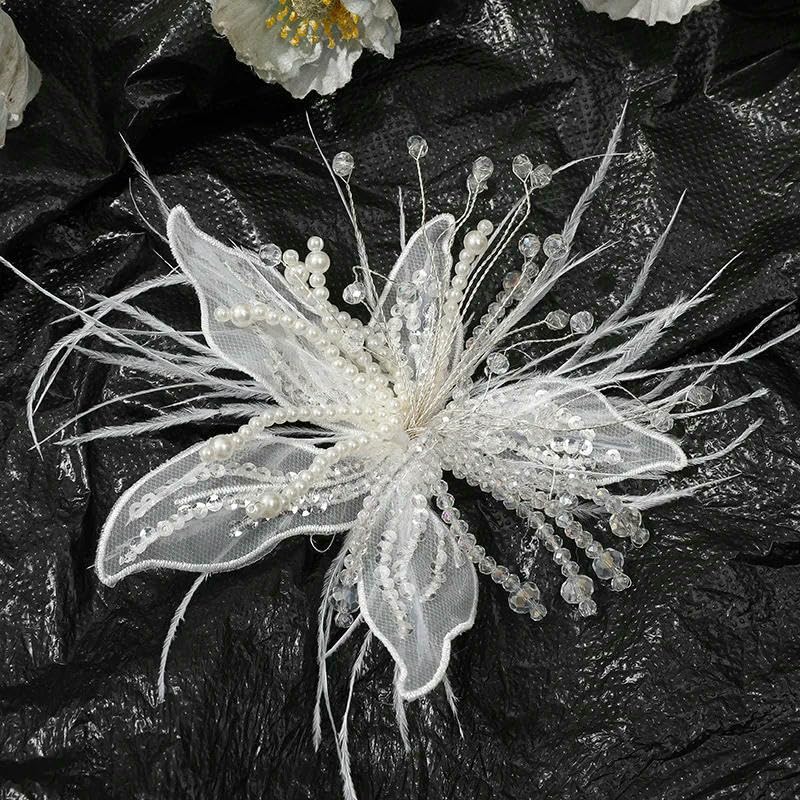 13 cm Chiffon c Fiori fatti a mano con piuma Fai da te Artigianato f Fermaglio per capelli in stoffa Compleanno matrimonio-Bianco-5 pezzi