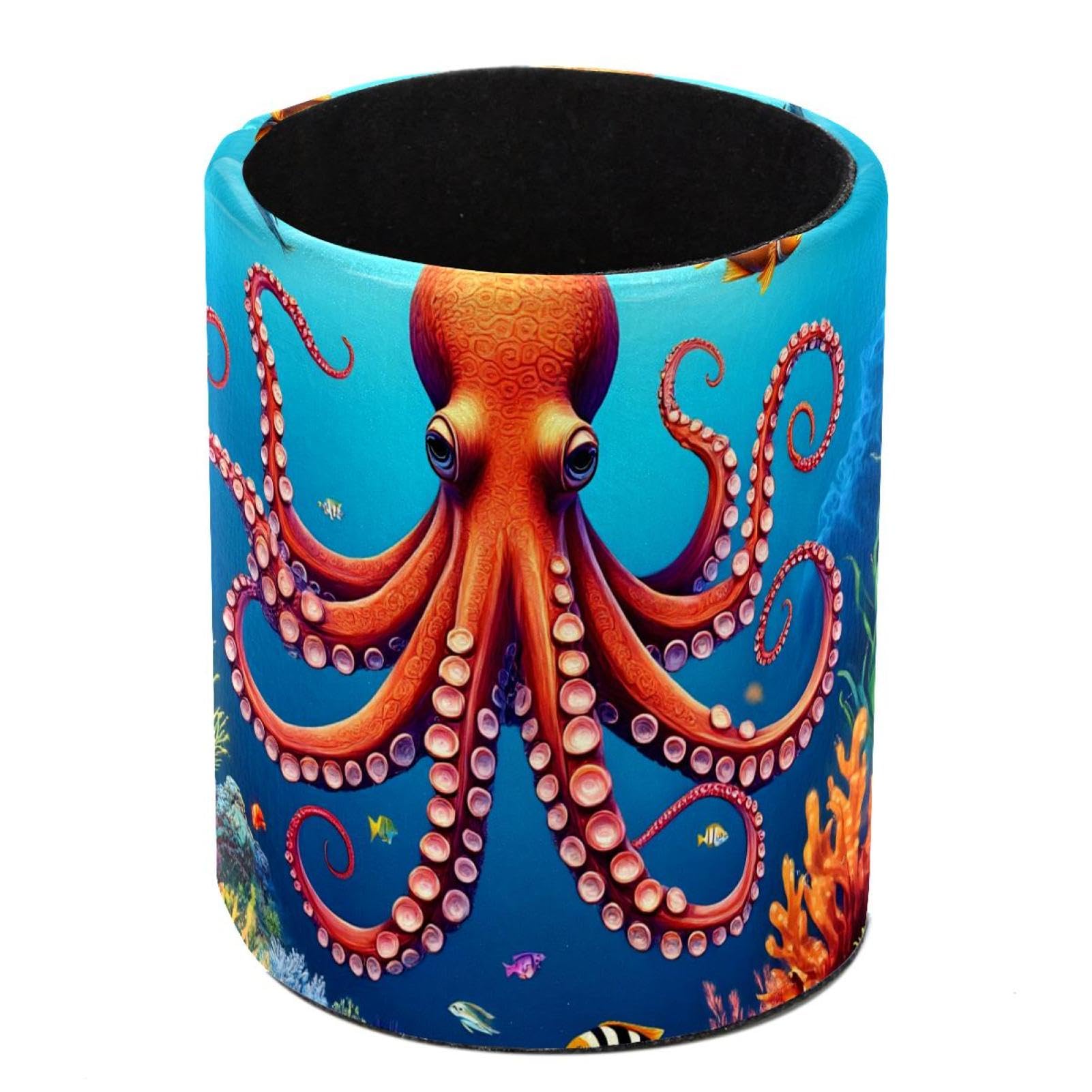 HEOEH Sea Octopus Pen Holder for Desk, PU Leather Pencil Holder Pen Cup Marker Holder Makeup Brush Holders, Desk Accessories & Workspace Organizers for Home, Office