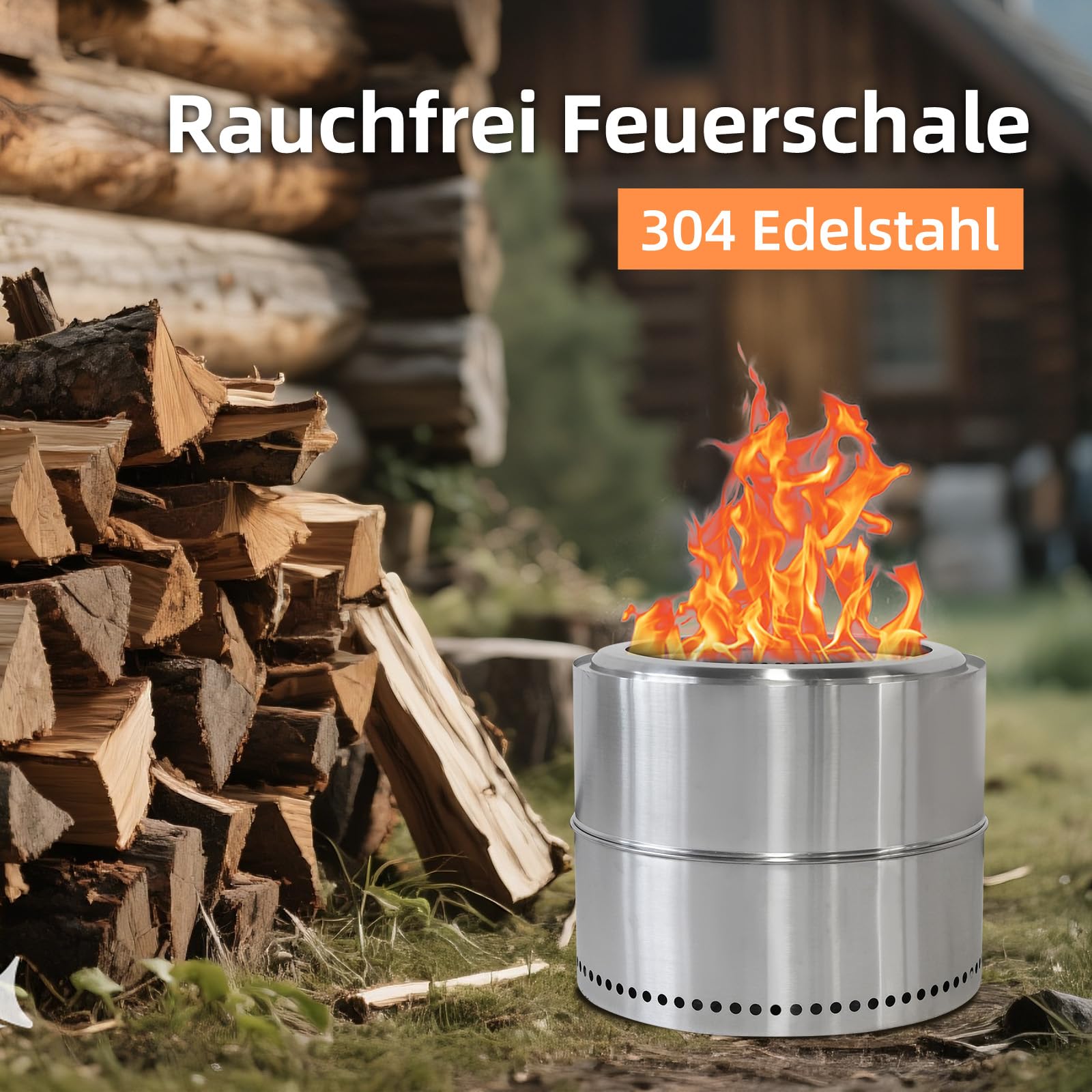 Feuerschale Edelstahl 50cm, Rauchfreie Feuerschale mit Grillrost, Aufbewahrungstasche, Abnehmbarer Aschekasten, Feuertonne, Tragbare Feuerstelle für Den Garten, Terrasse Balkon (Style 2)