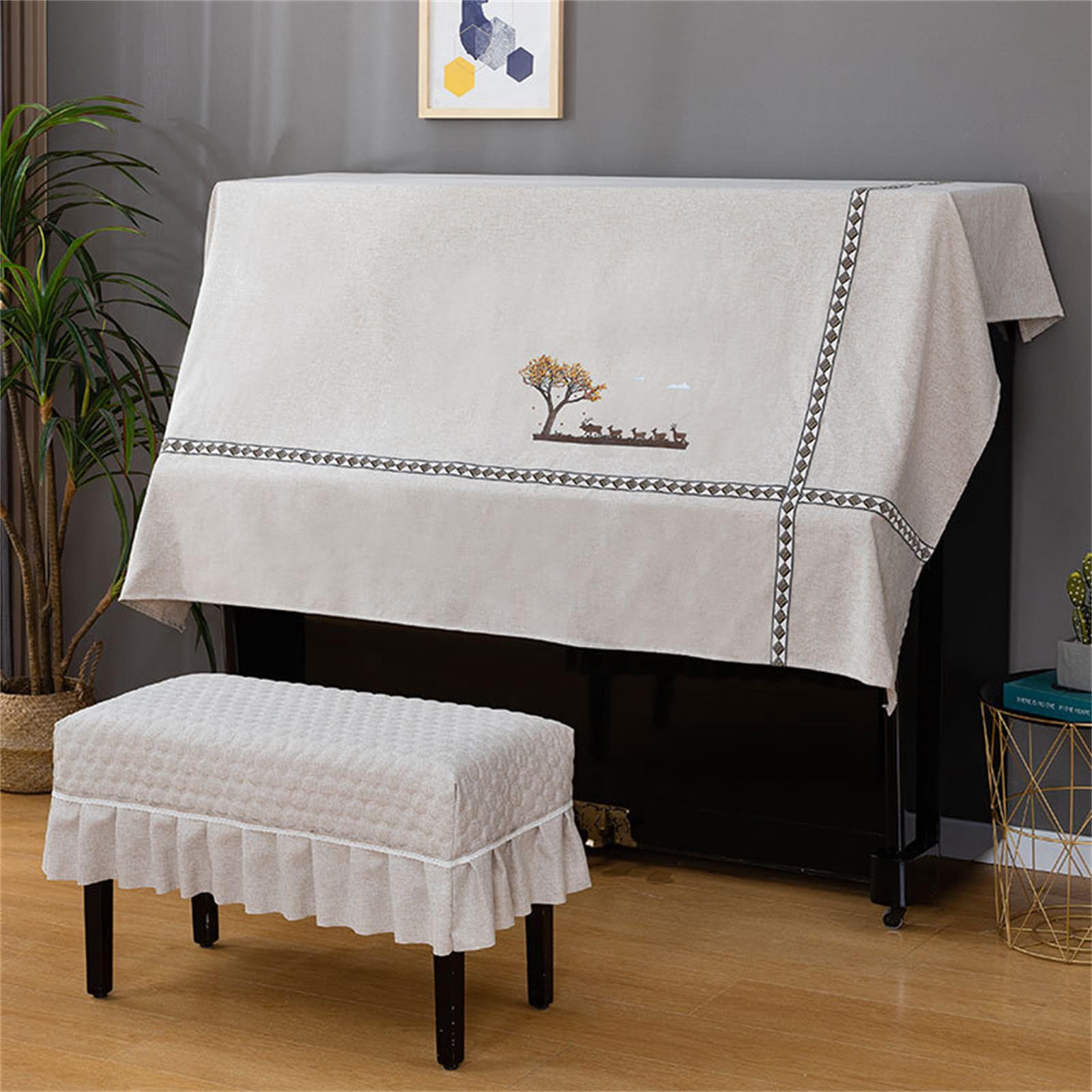 SUNMME Piano Dust Cover Cloth With Stool Universal Upright Protective Half Print Decorative For Piano/e/single (c Double Stool)