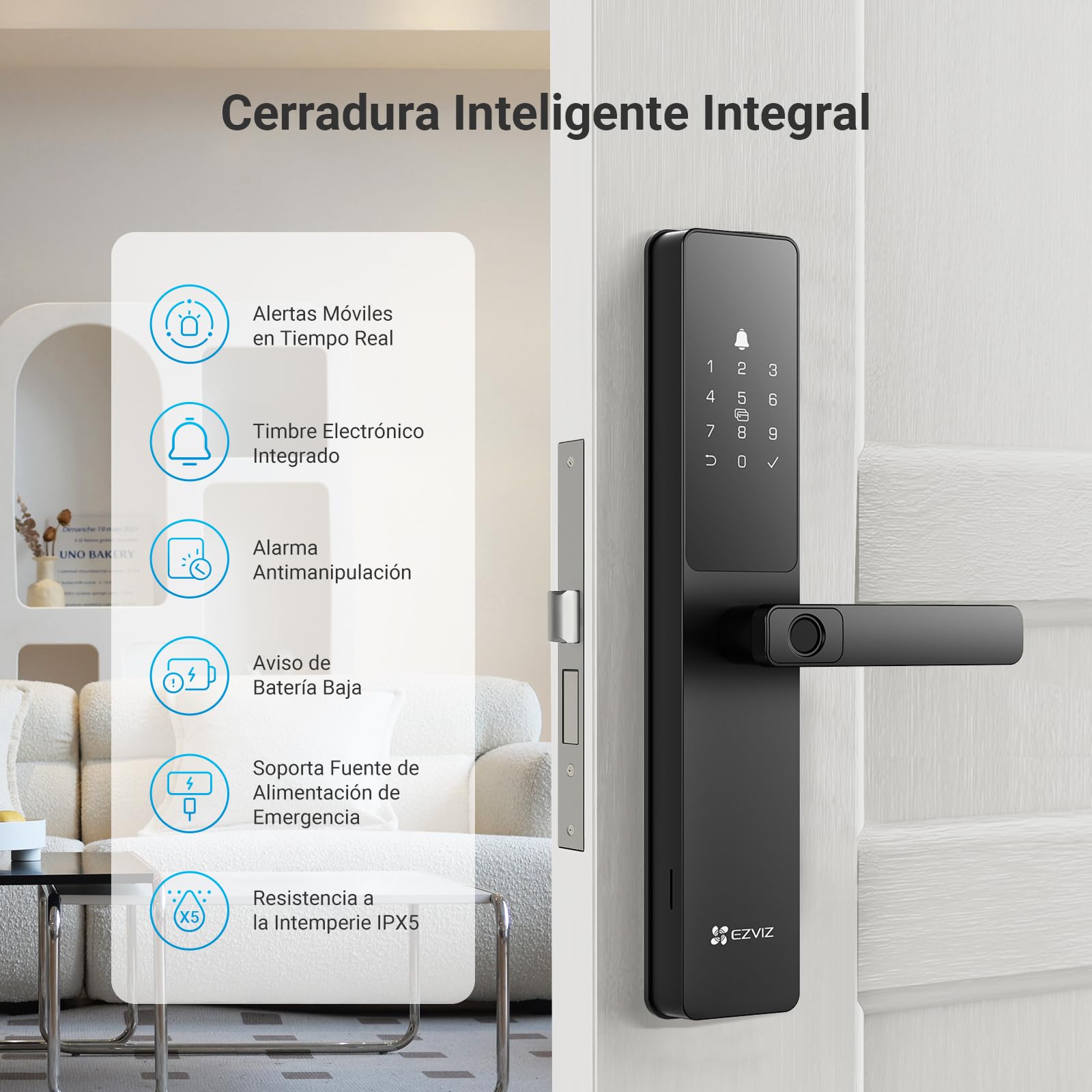 EZVIZ Cerradura Inteligente Y2000, Cerradura de Entrada Sin Llave 7 en 1, Acceso por Huella con Wifi, Impermeable, Cerradura de Seguridad Infantil para Hogar, Apartamento, Villa, Oficina, Hotel (5085)