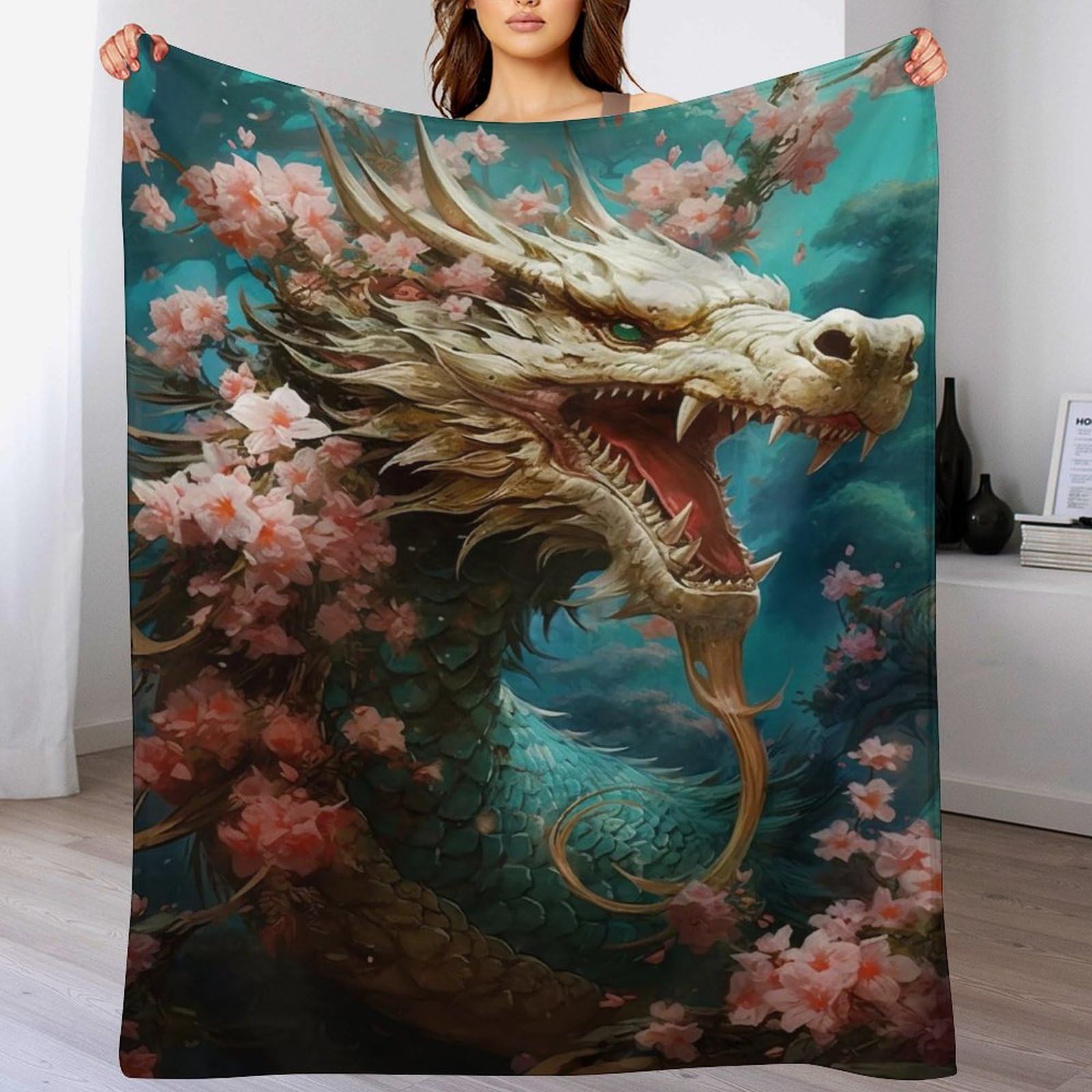 Couverture polaire plaid dragon japonais en flannel douce chaud lit sofa 180x200