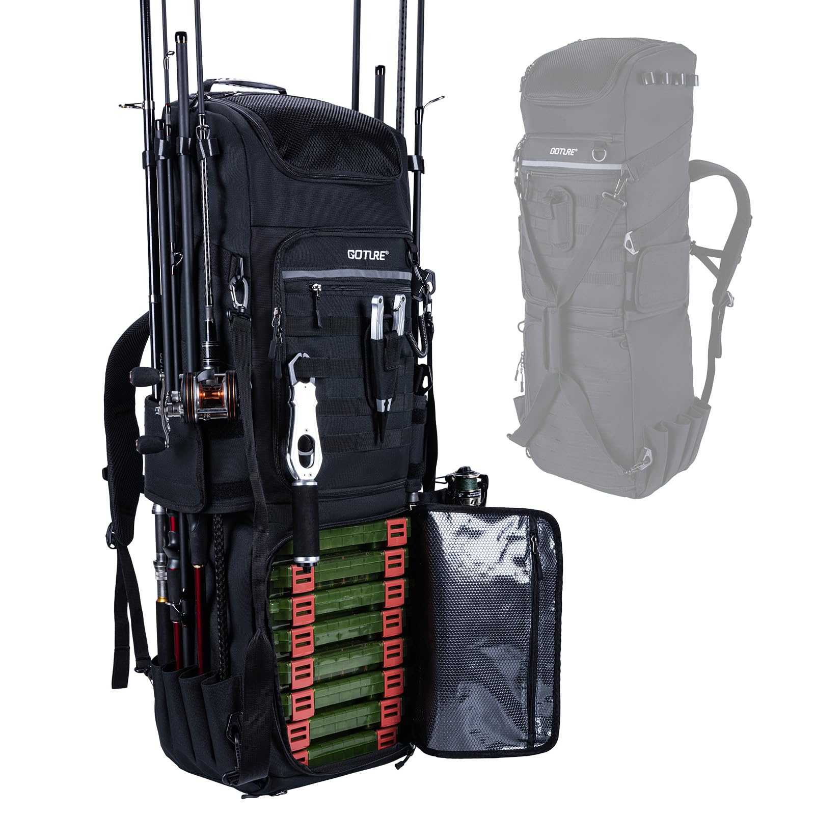 Goture Angelrucksack, 116-Liter Angelzubehör-Rucksack mit Zwei Rutenhaltern und Regenschutz, 600D Oxford-Gewebe Wasserabweisende Angelgerätetasche mit verstellbarem Fach