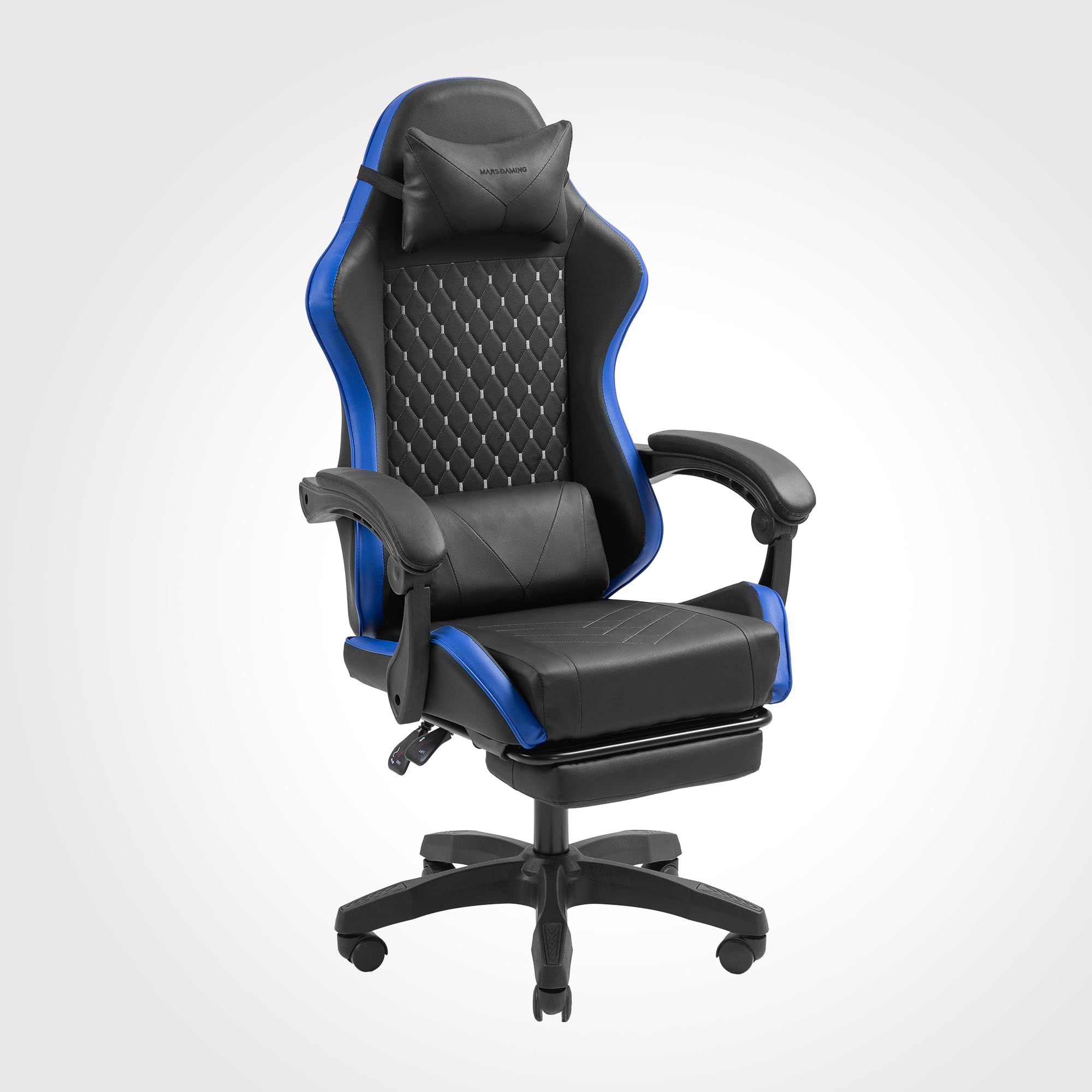 Mars Gaming MGC-X, Silla Gaming Ergonómica, Cuero Sintético, Respaldo Reclinable y Altura Regulable, Reposabrazos Dinámico, Cojín Cervical y Lumbar, Silla de Oficina con Reposapiés Extensible, Azul