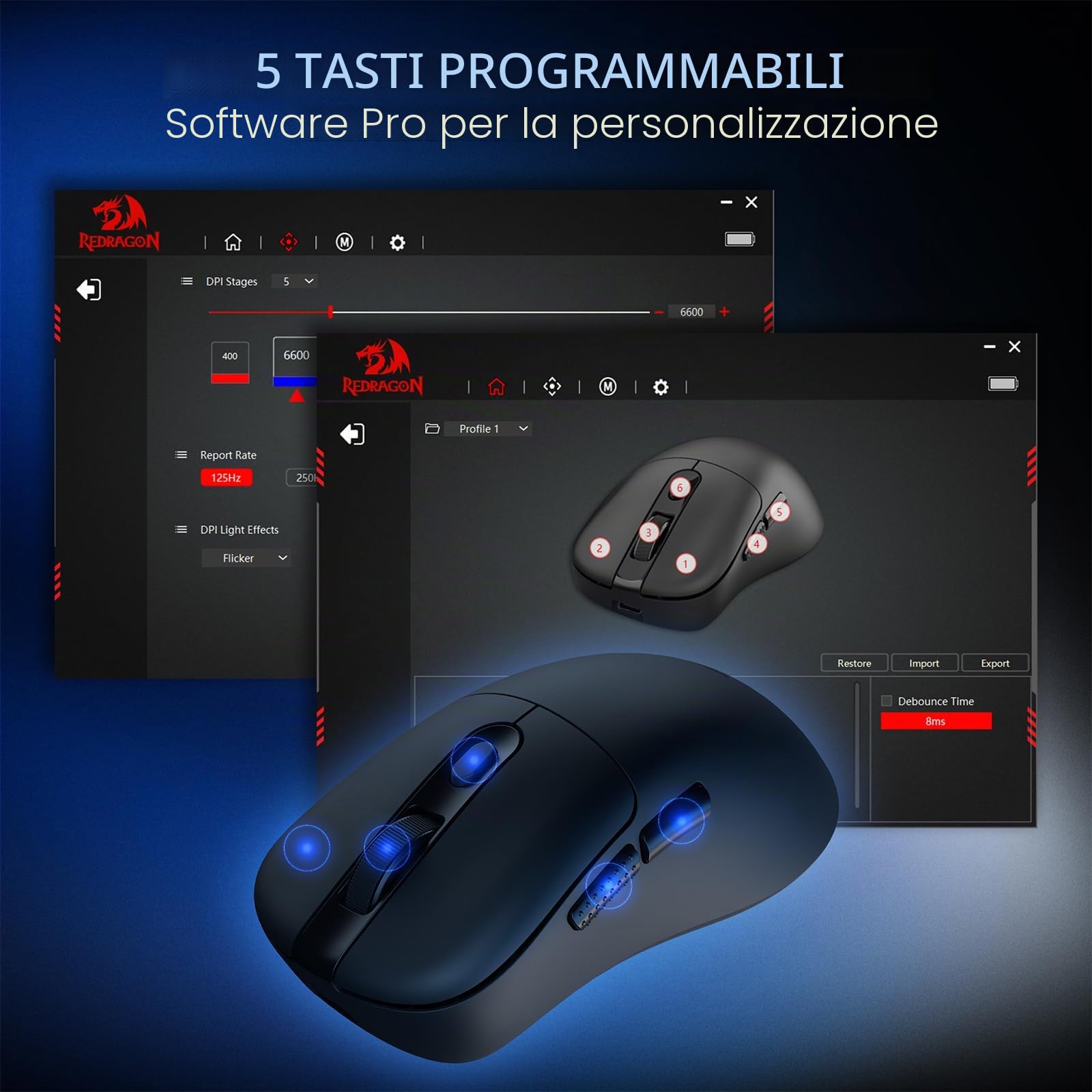 Redragon M998 Mouse Gaming Senza Fili Dock Ricarica RGB 24K DPI | Dock ricarica magnetico RGB, 24000 DPI, 6 pulsanti programmabili, connessione BT/2.4G per PC/Mac
