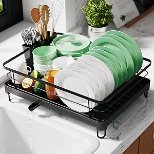 Kitsure Dish Drying Rack for Kitchen Counter, Stainless Steel Sink Organization and Storage Essentials with Cutlery Holder, Home and Appartment Decor, 12.7''W x 16.7''L, Black