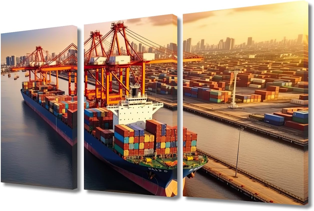 3 Panel Framed Wall Art Class Businesses of Trains Transportation Containers for Logistics Concepts Posters Prints Modern Artwork Giclee Wooden Framed Gallery-Wrapped Ready to Hang 60x40 in
