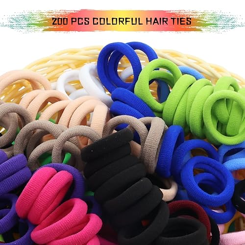 Miniatura 4 de Lawie Paquete de 200 bandas elásticas de tela de rizo de tejido grueso y colorido para coleta de cabello fino y rizado