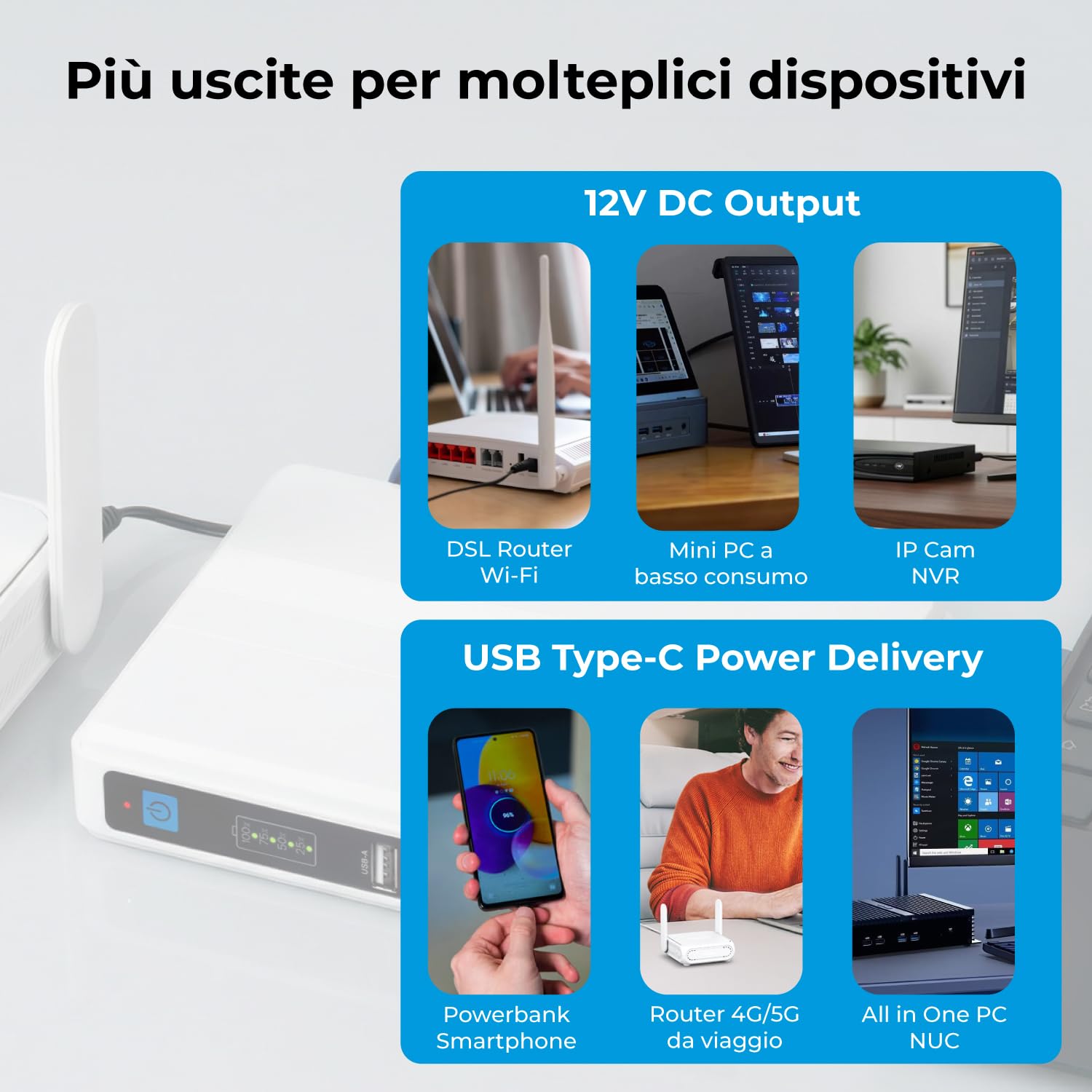 VulTech UPS60PWTC-DC Mini UPS 4350mAh 60W Gruppo di Continuità Portatile per Router Modem Telecamera Power Bank USB 2.4A Type-C PD/QC3 45W DC 12V, bianco