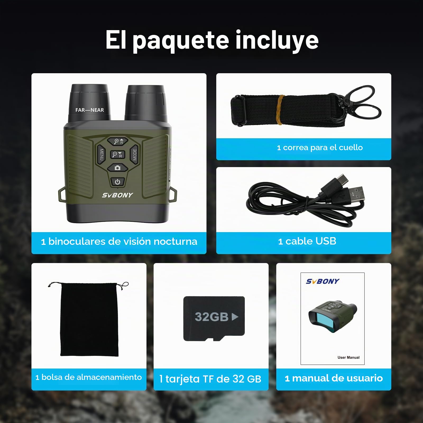 Svbony Juego de Binoculares de Visión Nocturna, Zoom 8X, 3" HD Infrarrojo Alto Vídeo 4K e Imagen 36MP, 5000mAh Recargable Bisel de Visión Nocturna, Gemela Nocturna para Caza con Tarjeta TF 32 GB