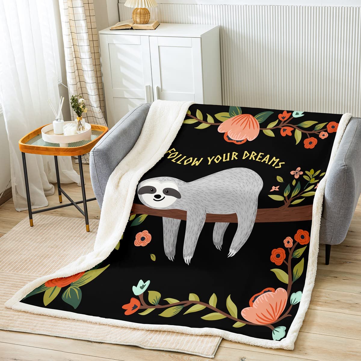 Faultier Kuscheldecke 150x200cm Flanell Fleecedecke Schwarz Mikrofaser Kinder Jungen Mädchen