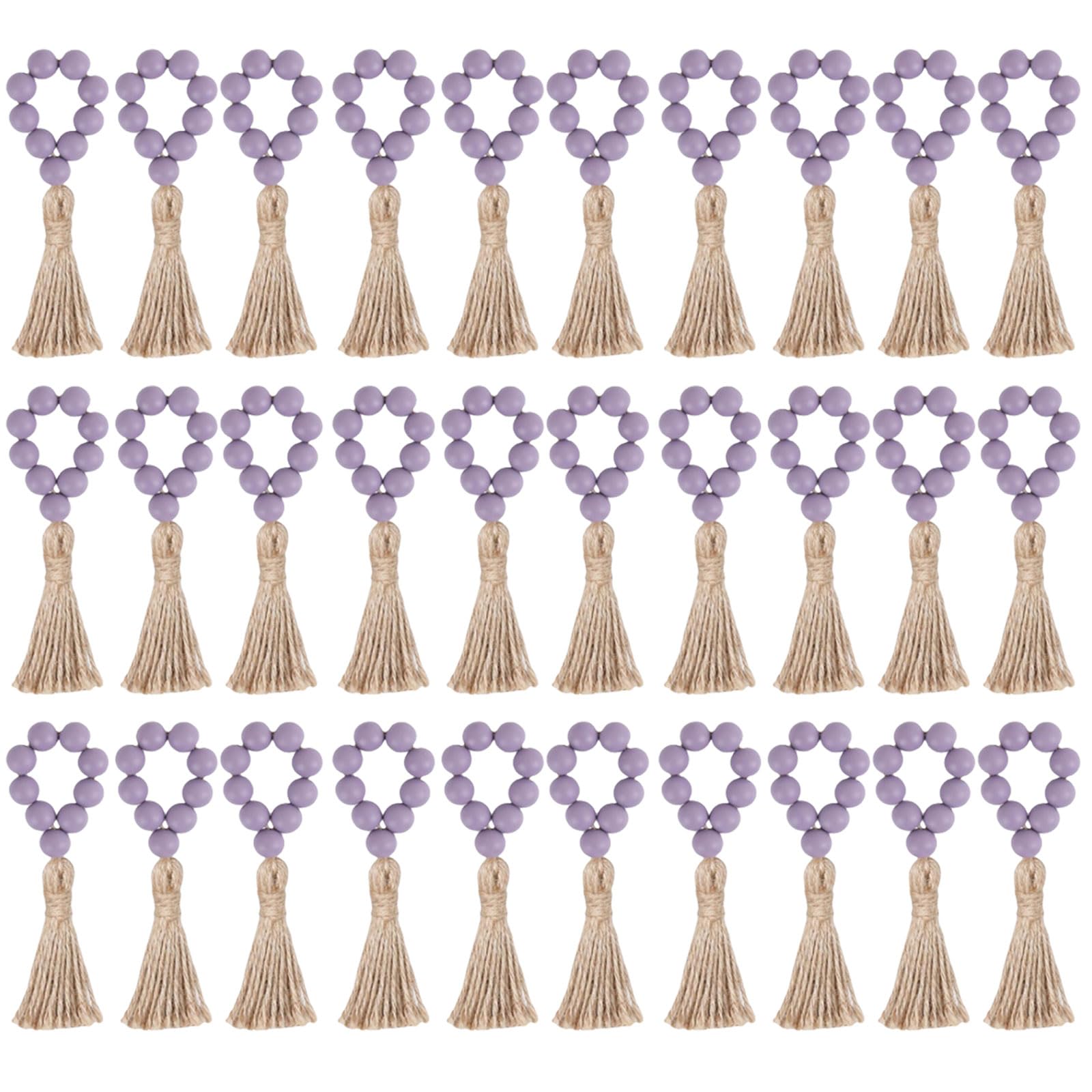 Yhplxyuus 30pcs Simple Wood Bead Napkin Rings Farmhouses Styles Elastic Napkin Rings with Wood Beads and Linen Tassels Bead Holders