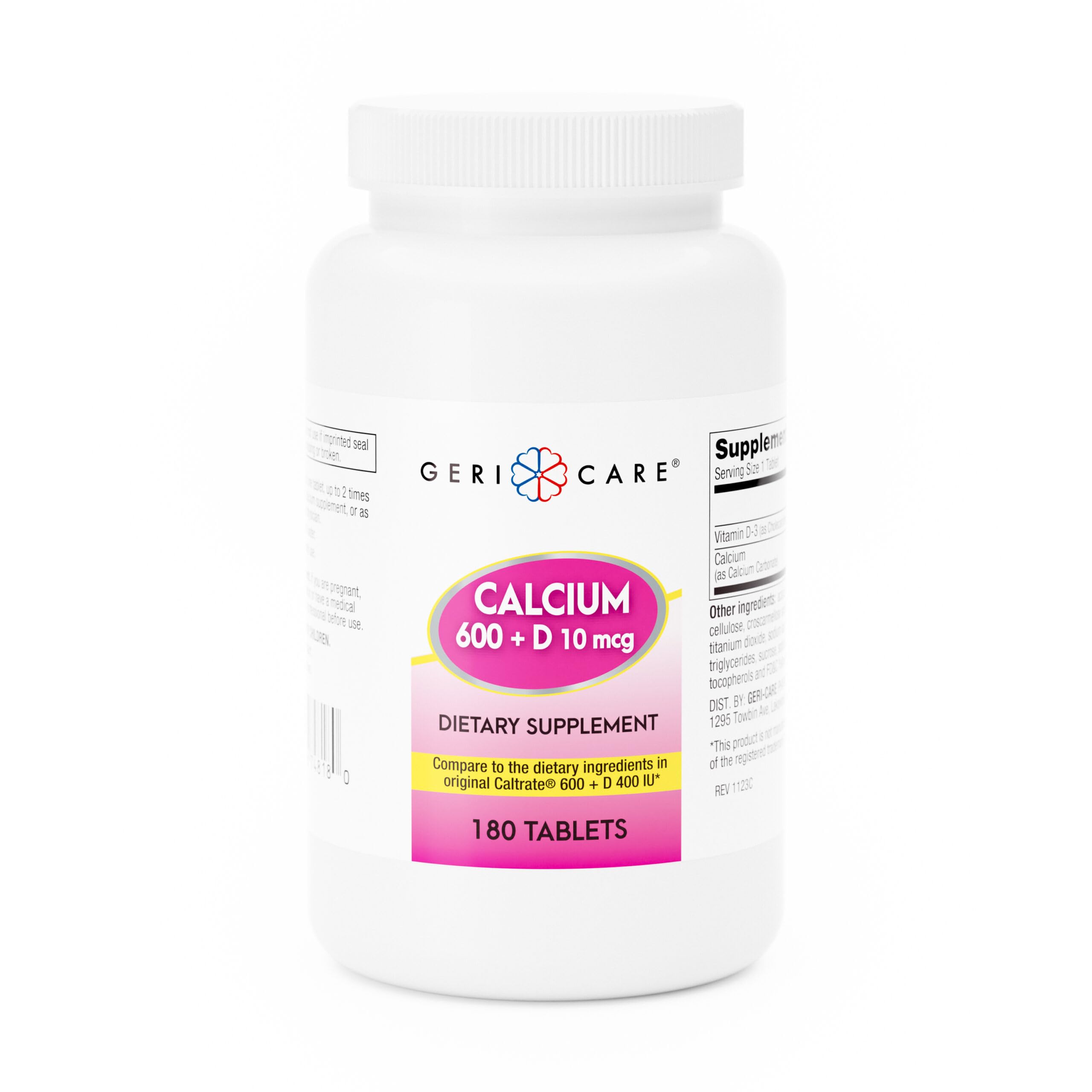 GeriCare Calcium 600mg - Vitamin D 10mcg Tablets - Bone Health - Nutritional Supplement, 180 Count (Pack of 1) 180 Count (Pack of 1) Calcium 600mg - Vitamin D 10mcg