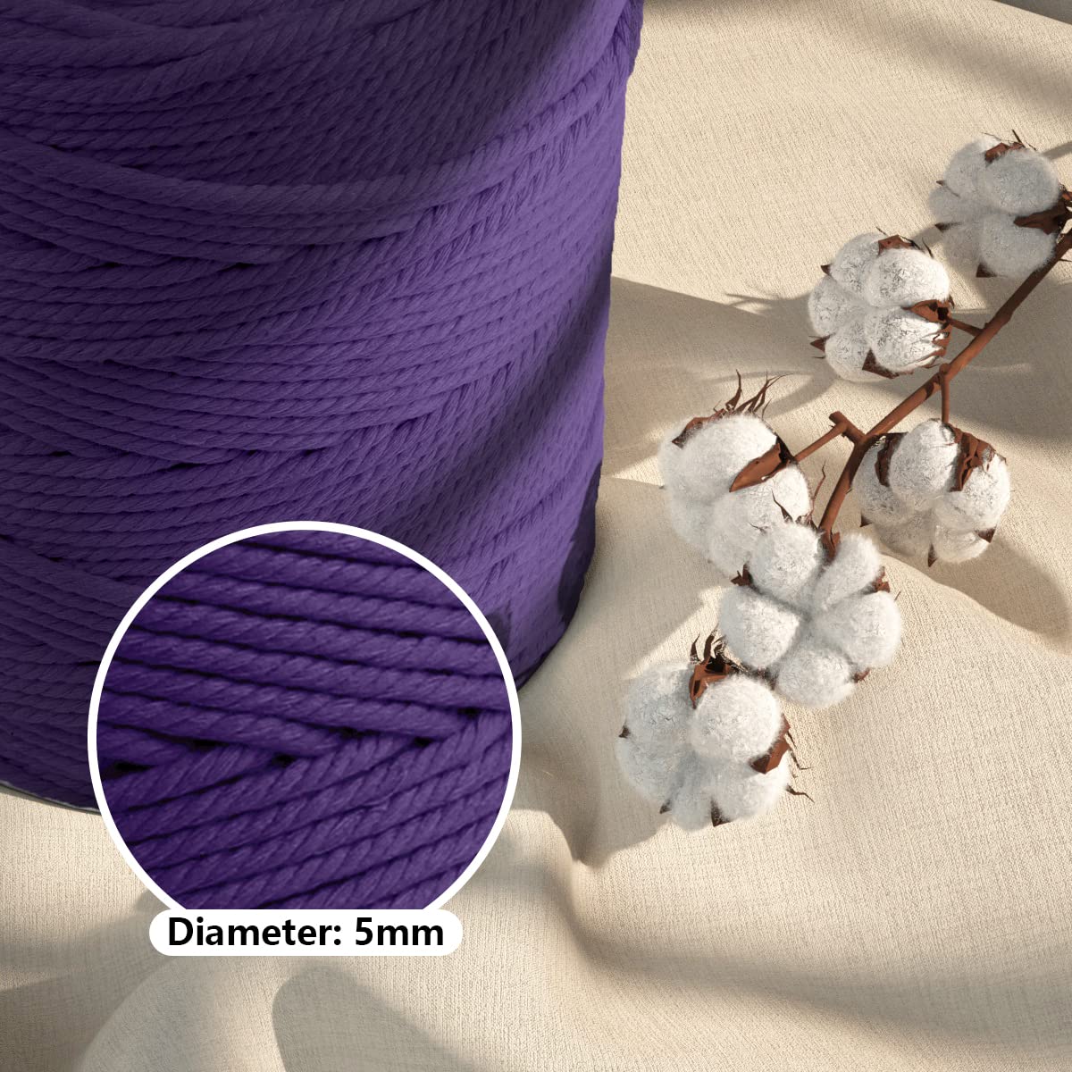 ZUEXT Makramee-Baumwollkordel, 5 mm x 300 m, natürlich, handgefertigt, dunkelviolett, geflochten, 4 Stränge, gestricktes Seil zum Basteln, Wandbehang, Weben, Wandteppich, Traumfänger, Aufhänger,