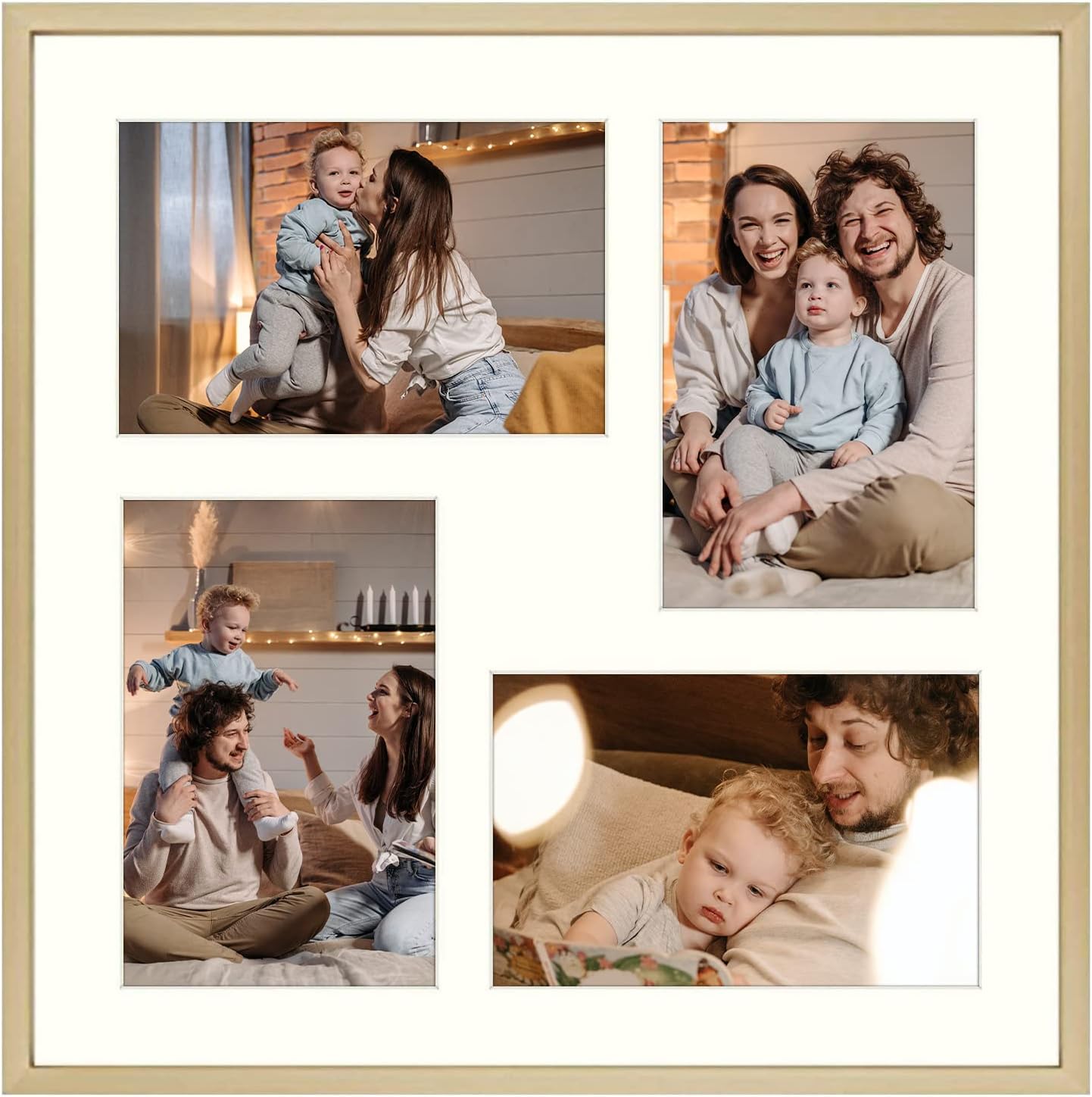 Golden State Art, 12x12 Gold Aluminum Metal Frame with Ivory Mat - Displays Four 4x6 Photos - Square Collage Frame - Real Glass, Sawtooth Hanger, Swivel Tabs - Wall Mounting, Landscape, Portrait
