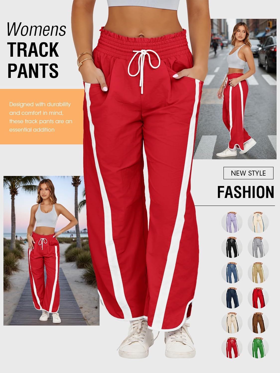 Fisoew Women's Baggy Wide Leg Pants Casual Drawstring Elastic Waisted Contrast Color Workout Y2K Track Pants - Image 6