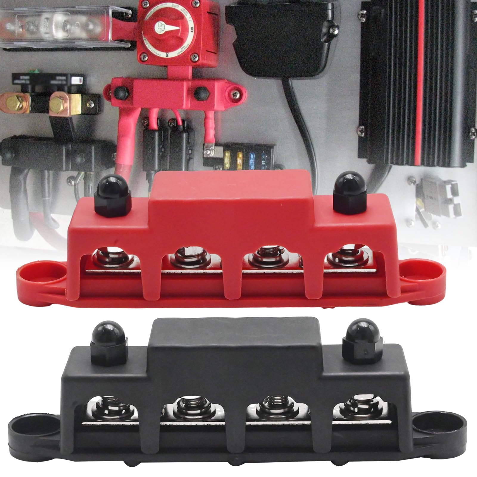 Hoypeyfiy 2 blocchi di distribuzione del bus, 12 V-48 V DC, binari di distribuzione 250 A, BusBar Box con 4 bulloni M8, adatti per auto camper (rosso, nero)