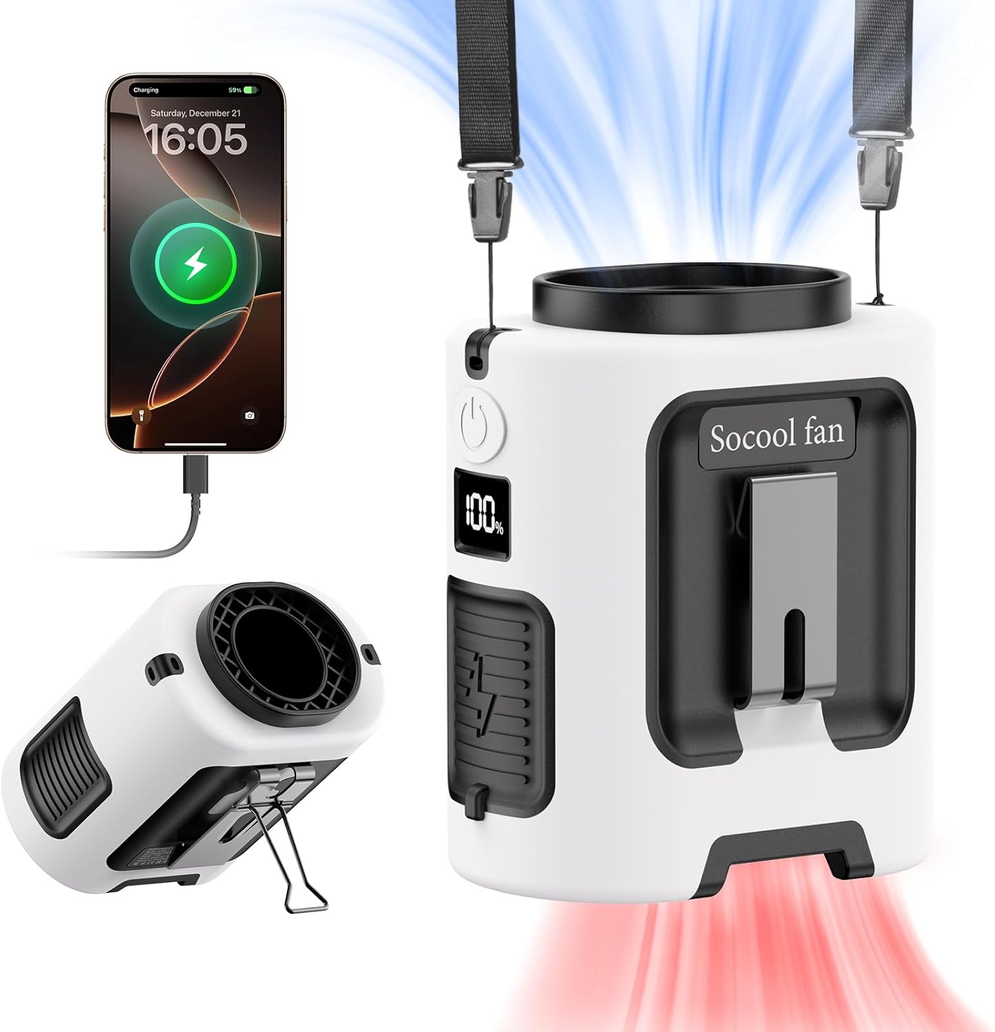 Socool 14500mAh Portable Waist Fan Clip on Wearable Belt Rechargeable Personal Fan, Dual Air Outlet, 40H Cooling 5-Speed Battery Operated Fans with Light, Neck Fan Hanging for Outdoor Camping Travel