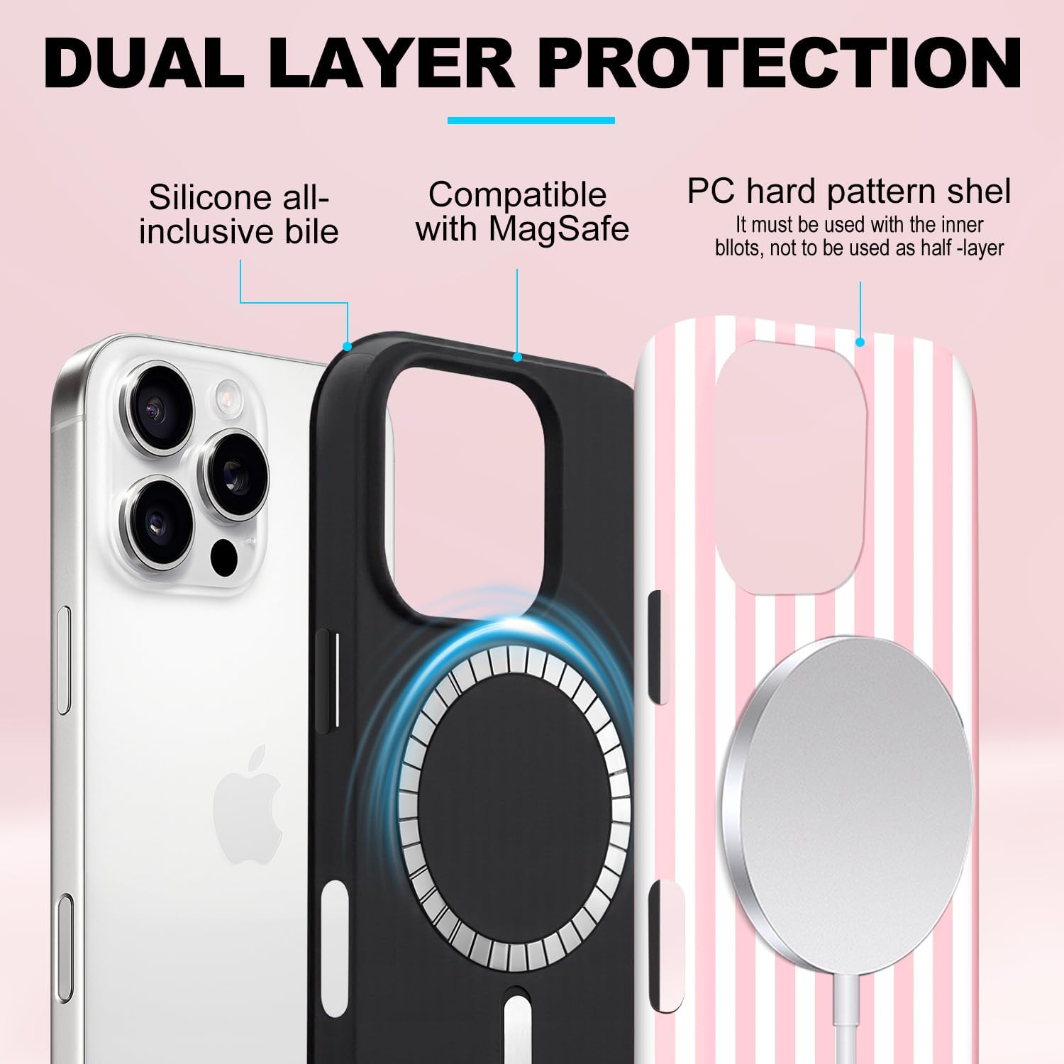 Magnetic for iPhone 13/14 Case Cute Stripes Phone Case, Shockproof Slim TPU and Hard PC Protective Phone Cover Compatible with MagSafe Designed for Women Girls, Pink and White