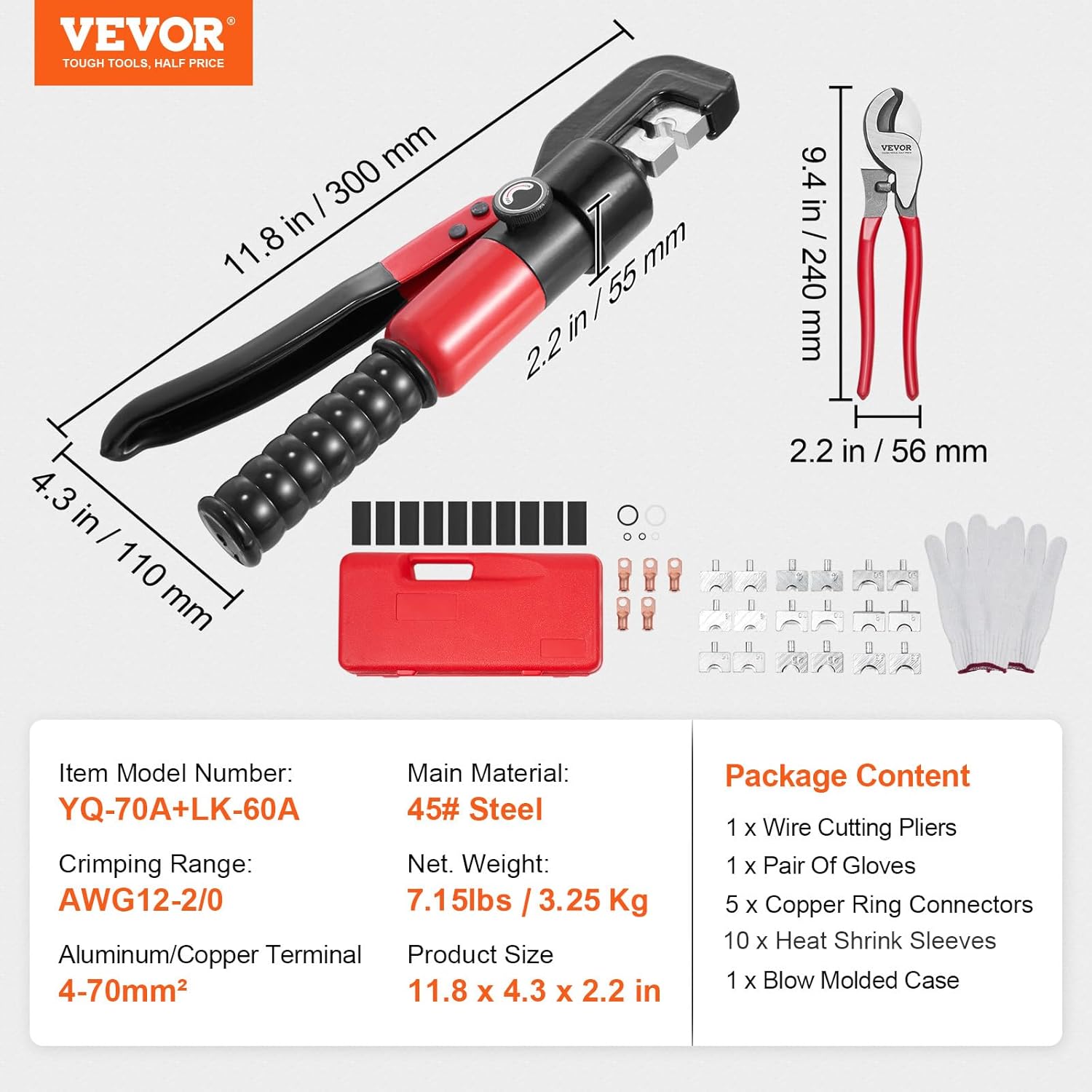 VEVOR Crimping Tool, AWG12-2/0 Copper And Aluminum Terminal Battery Lug Hydraulic Crimper, with a Cutting Pliers, Gloves, 5pcs Copper Ring Connectors, 8 x Heat Shrink Sleeves and a Blow Moulded Case