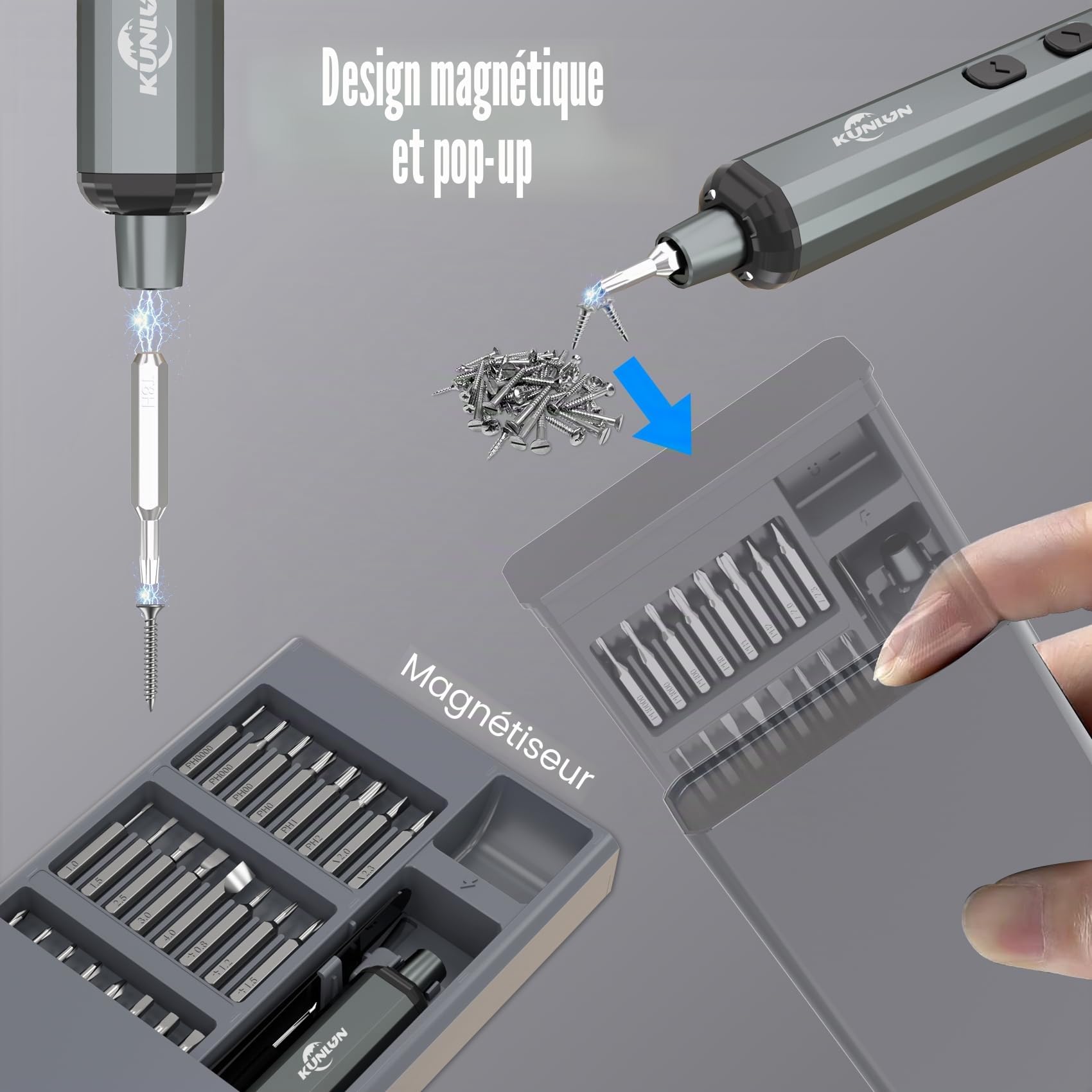 KUNLUN Mini Tournevis Electrique Sans Fil 68 en 1 Précision Tournevi avec LED Réglage Couple à 5 Vitesses 64 Embout de Tournevis pour Téléphone, Montres, Appareil Photo, PC, Electronique