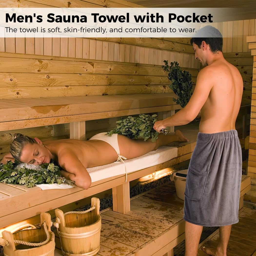 Saunakilt mit Tasche für Herren, tragbares Saunatuch mit praktischer Tasche, verstellbares Badetuch für Männer mit elastischem Bund und Nylon-Klettverschluss für Sauna und Dusche