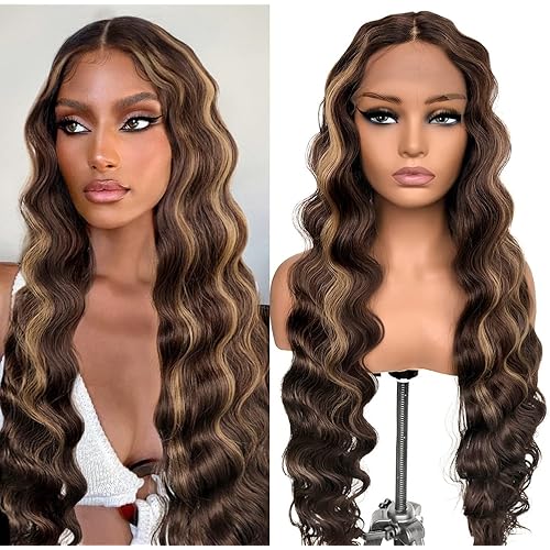 MITIMES 4/30 Ombre Honey Blonde Highlight Crimp Curly Lace Front Wigs Pre Plucked Human Hair Blended Synthetic HD Lace 13x5x1 Loose Deep Wave Lace Frontal Curly Wigs for Black Women (30Inch, 4/30 highlight color)