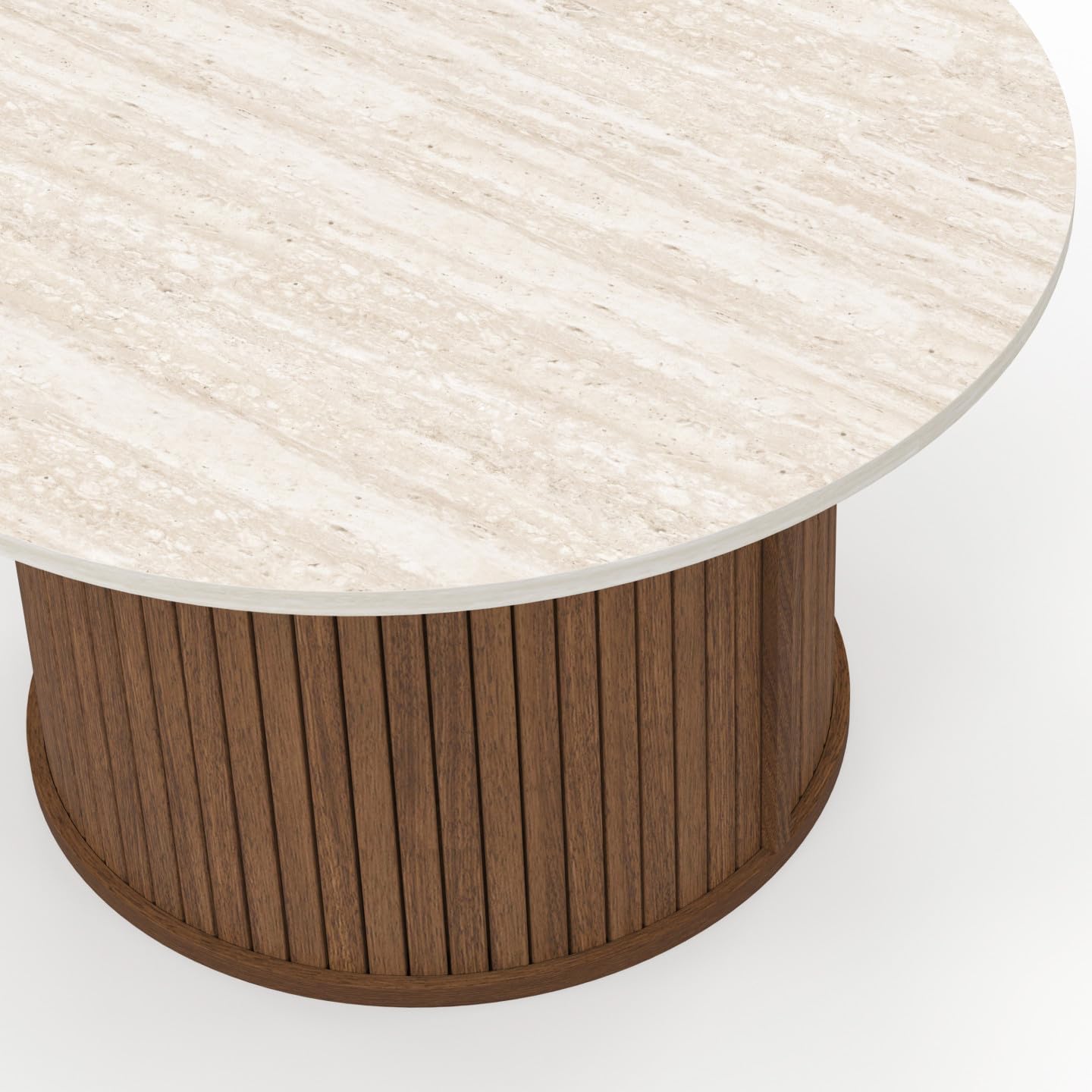IDMarket - Table Basse Ronde Juliette 70 cm Lattes Effet Noyer et Plateau travertin