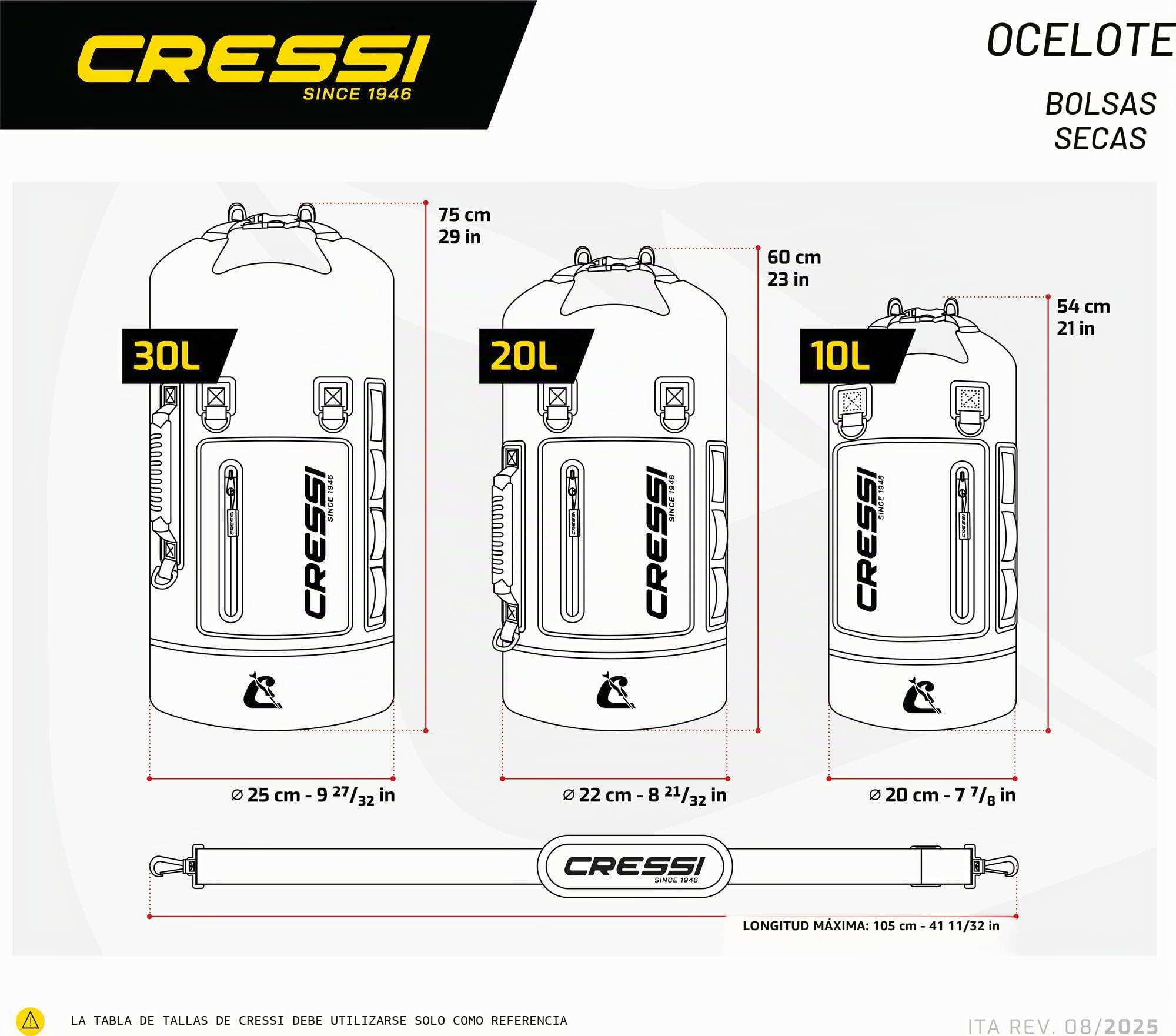 CRESSI Desde 1946 - Ocelot Dry Bag - Bolsa Estanca Impermeable para Mar, Barco y Actividades Acuáticas, Disponible en Tamaño Pequeño, Mediano y Grande