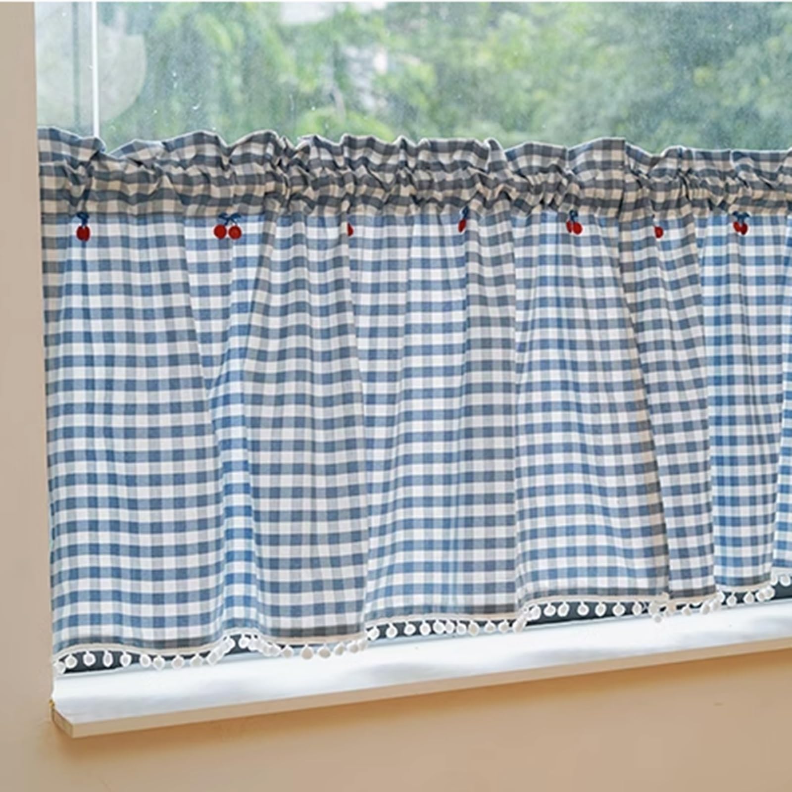 Cotton Linen Valance Curtain, Vintage Half Blackout Shorts Curtains Pastoral Style Checkered Texture Decorative with Rod Pocket for Kitchen, Bathroom (Color : Blue, Size : 140x70cm/55x28in)