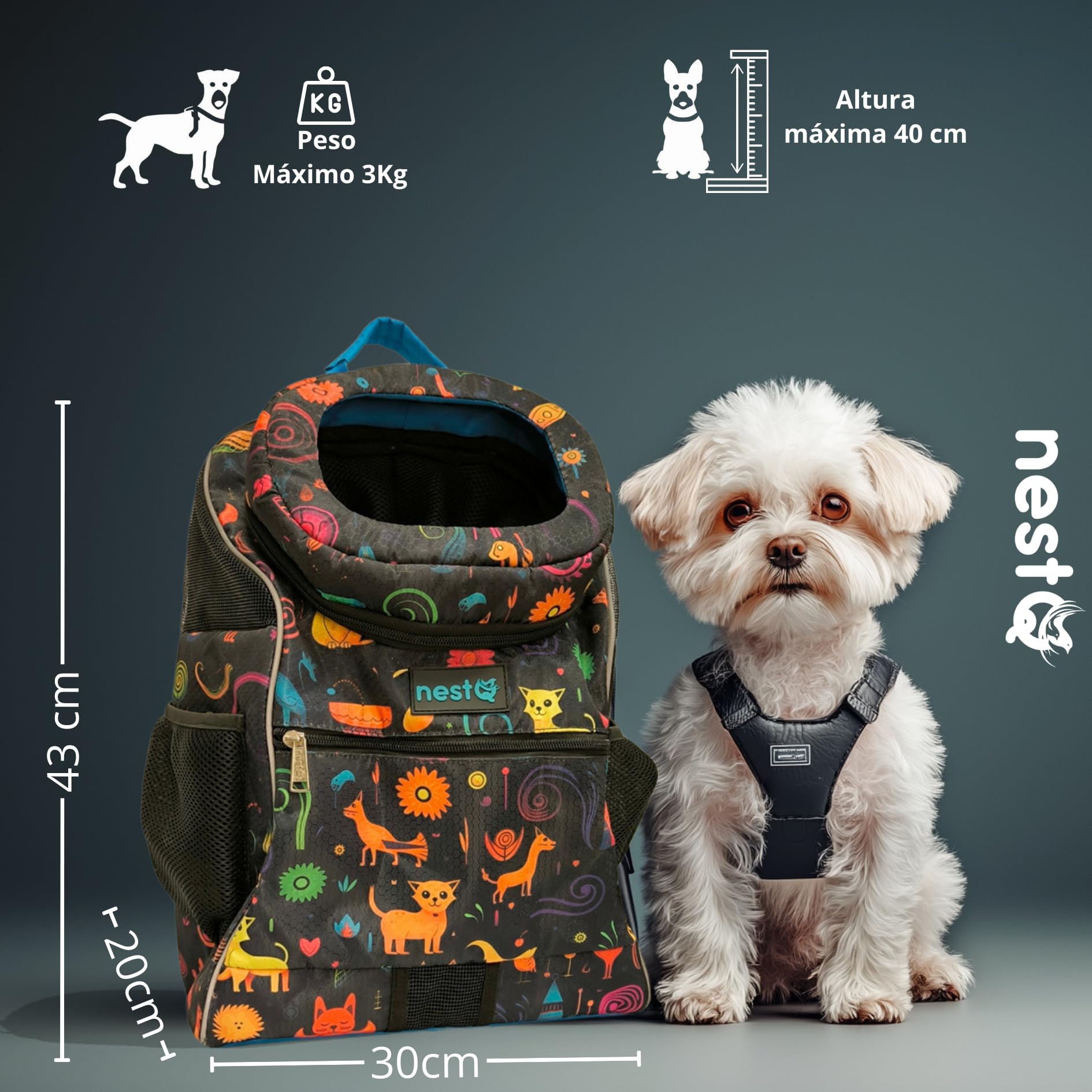 Mochila Transportín Mascotas Perro Gato hasta 3kg 43x30x20cm | hasta 3kg, 43x30x20cm, para gatos/perros