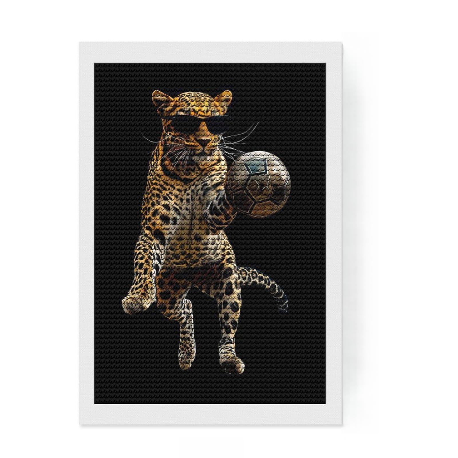 Junmoney Leopard with Soccer Ball DIY Diamond Art Canvas Kit 8"x12", Farmhouse Decor, Cute Room Decor, with Tool Kit, Fun Craft Activity
