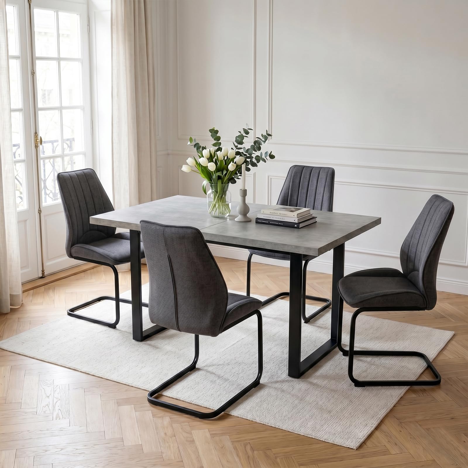 JIEXI Dining Chair Set of 4 Dark Grey Fabric Upholstered, Sturdy Suspended Black Metal Frame, Soft Comfortable Seat Cushion and Backres Dining Chairs for Home, Kitchen and Living Room (4)
